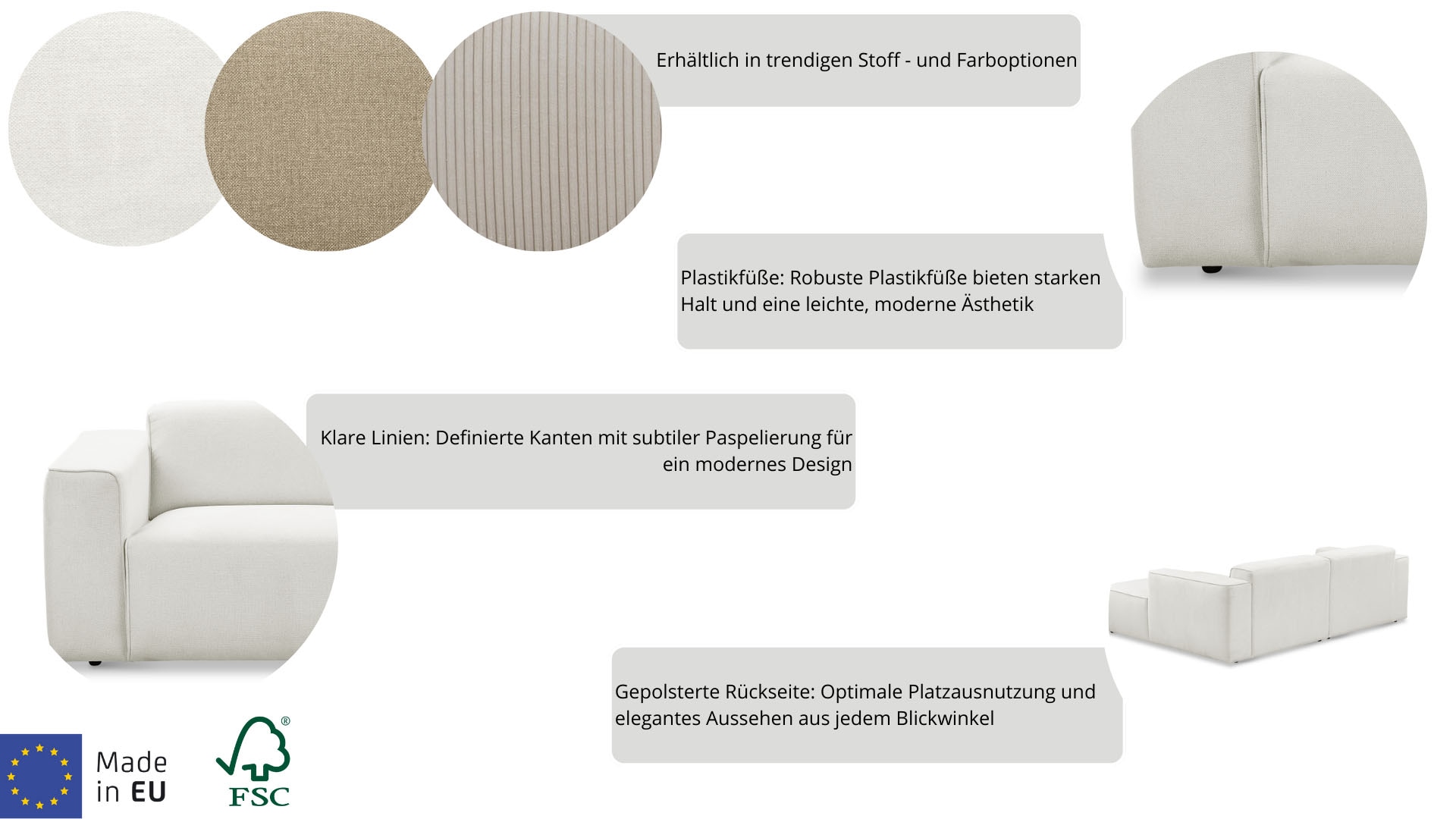 Home affaire Ecksofa »Noord mit Kedernaht, Breite 234 cm, L-Form« Cord, Struktur, Webstoff, mit Wellenunterfederung, Massivholzrahmen