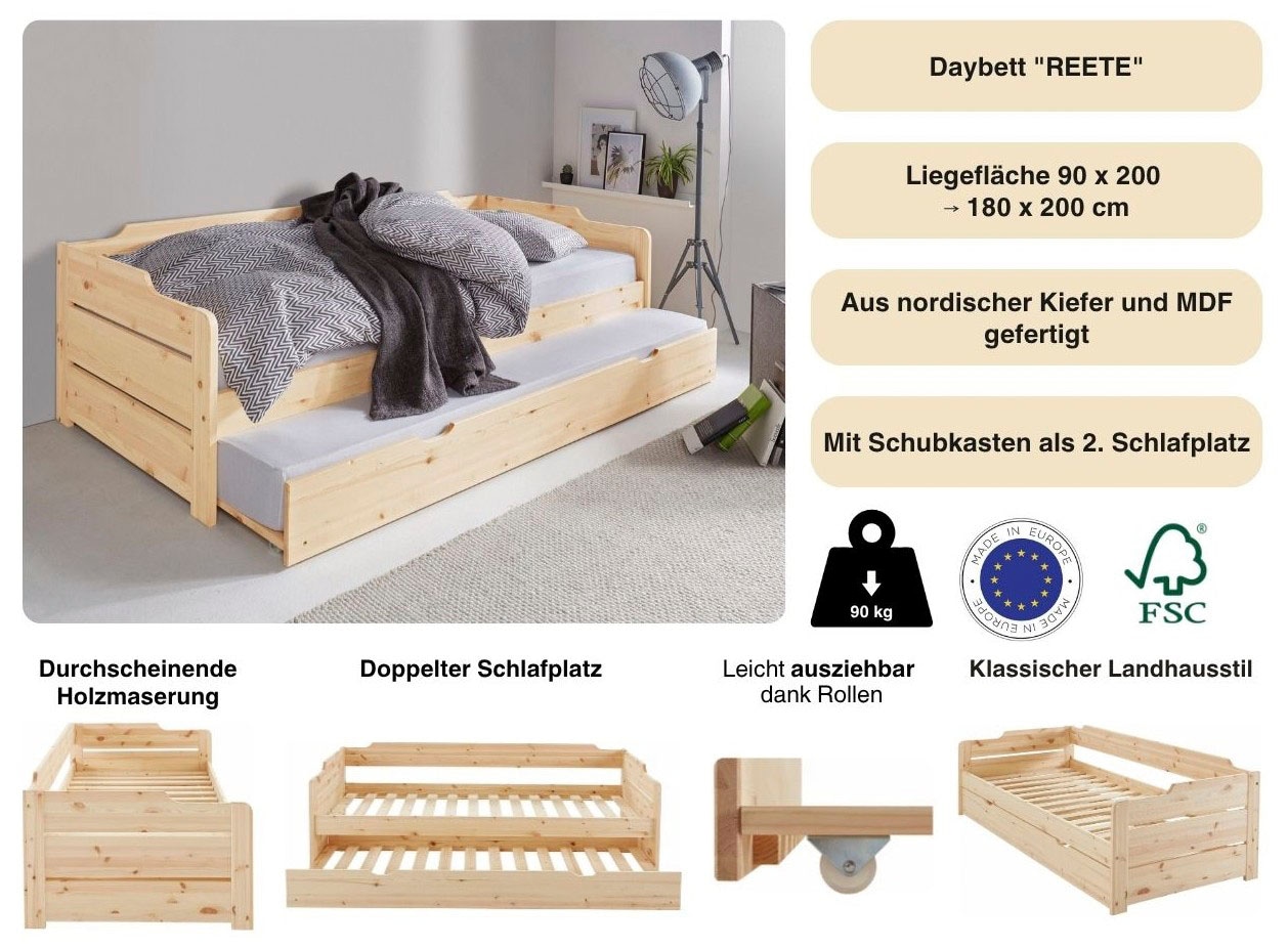 OTTO home Daybett »"REETE " BESTSELLER! Kinderbett, mit Schubkasten, 2 Schlafplätze« 2 Schlafplätze,  FSC® zertifiziertes Massivholz (Kiefer), klassischer Landhausstil