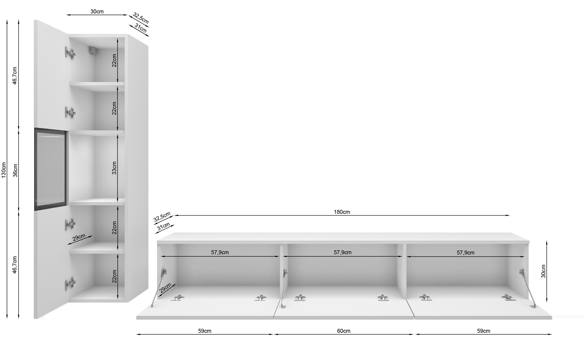 INOSIGN Wohnwand »BERLIN I«, (Komplett-Set, 2 St.), moderne grifflose Mediawand Breite 220 cm, Vitrine mit Verglasung