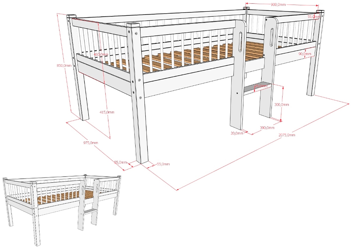 Vipack Massivholzbett »Forrest Made in Europe, stabil und hochwertig gebaut, mit 2 Rollboxen« 90/200 cm, mit Rollrost und Leiter, seitenverkehrt montierbar, 