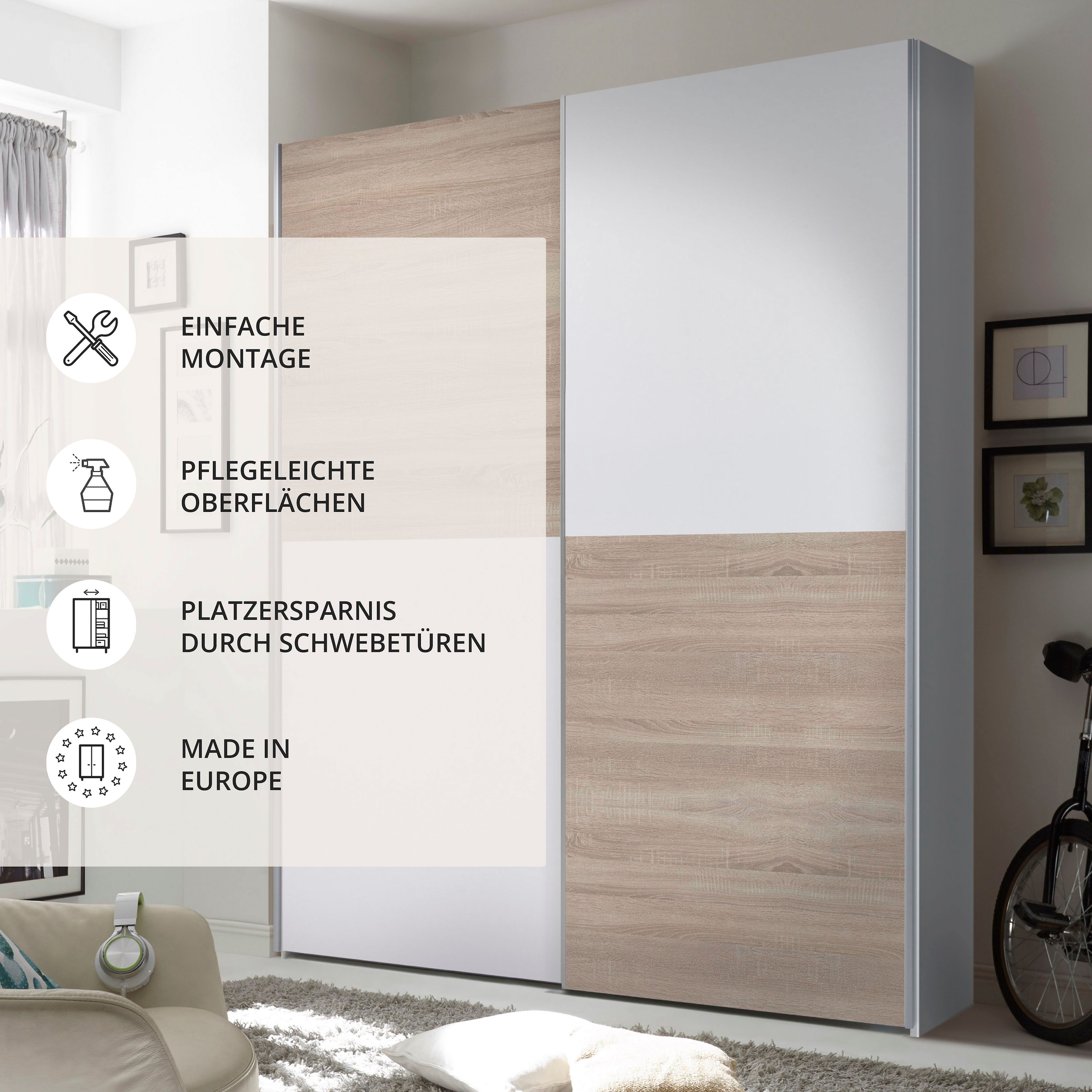 Schlafkontor Schwebetürenschrank »Time Schrank, Kleiderschrank mit Schiebetüren«, 4 Türelemente als Schachbrettoptik