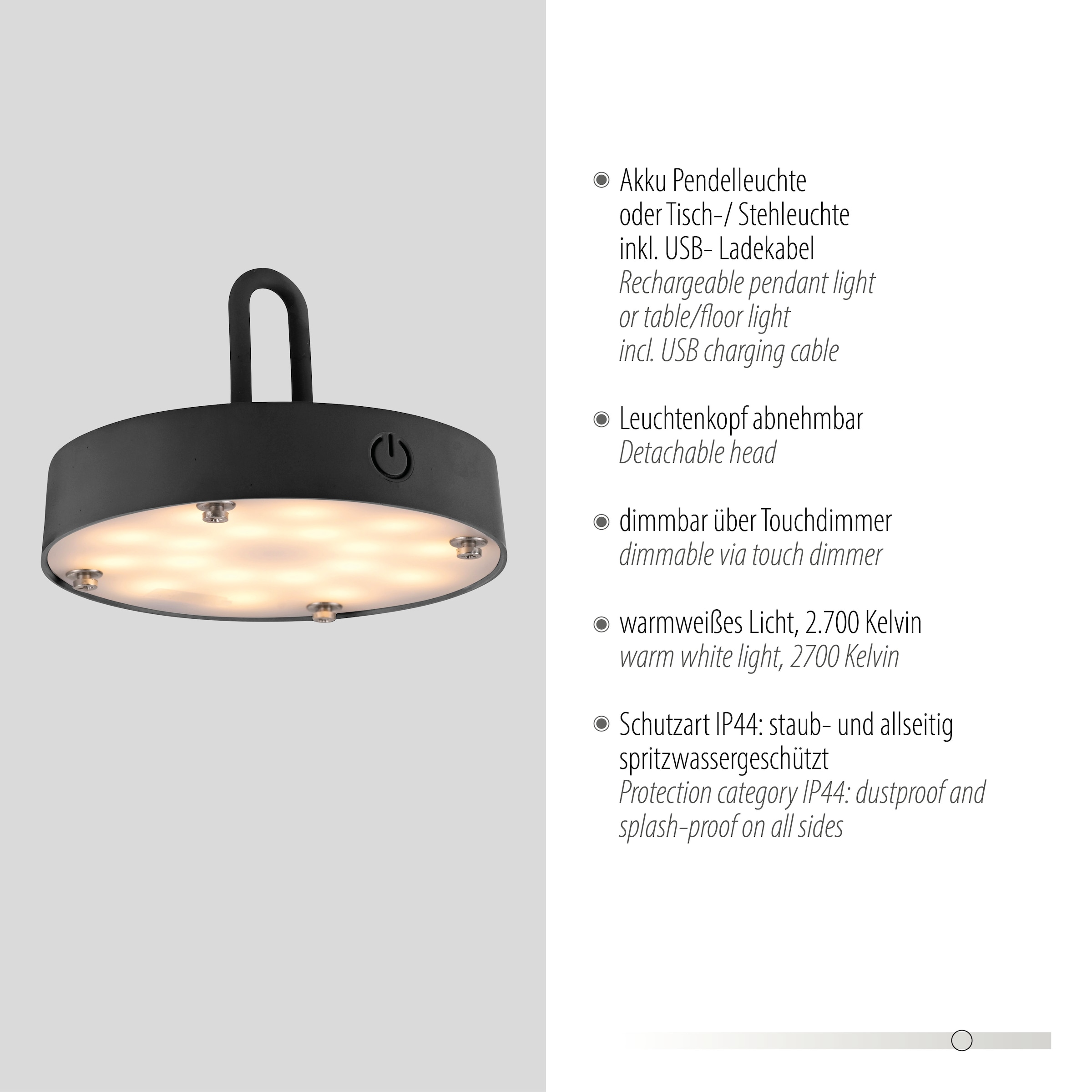JUST LIGHT Pendelleuchte »AKUBA«, 1 flammig, Leuchtmittel LED-Modul | LED fest integriert, Akkuleuchte