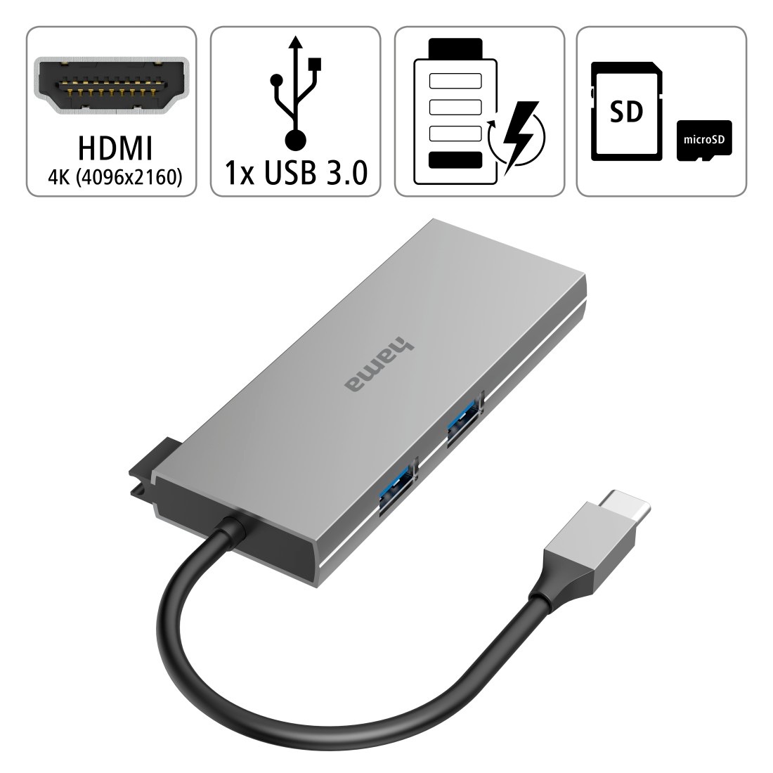Hama USB-Adapter »USB-C Multiport Hub Laptop mit 6 Ports, USB-A, USB-C, HDMI, SD microSD«, USB-C zu USB Typ A-USB Typ C-HDMI-SD-Card, 15 cm, Laptop Dockingstation, kompakt, robustes Gehäuse, silberfarben