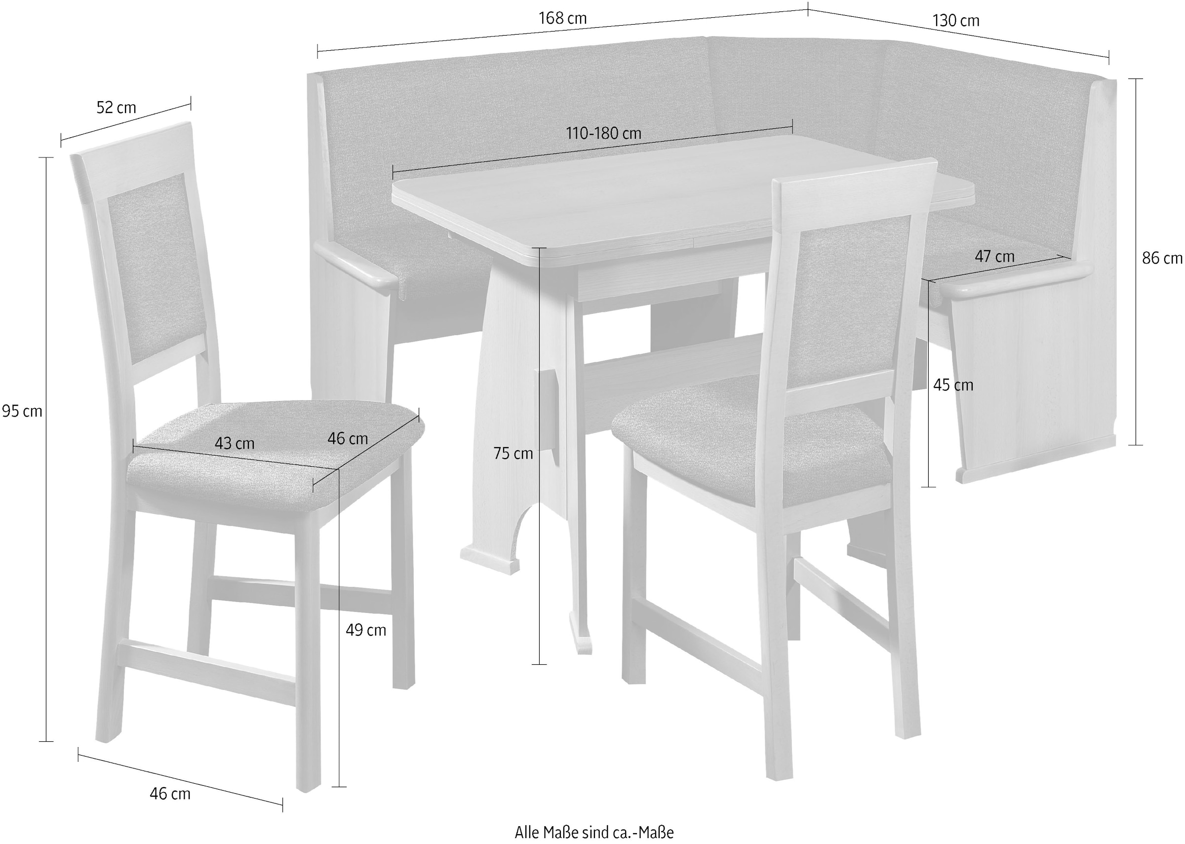 SCHÖSSWENDER Eckbankgruppe »Isar«, Eckbank umstellbar, auf 110(180)cm, Raten links und Auszug bestellen rechts mit Stühle