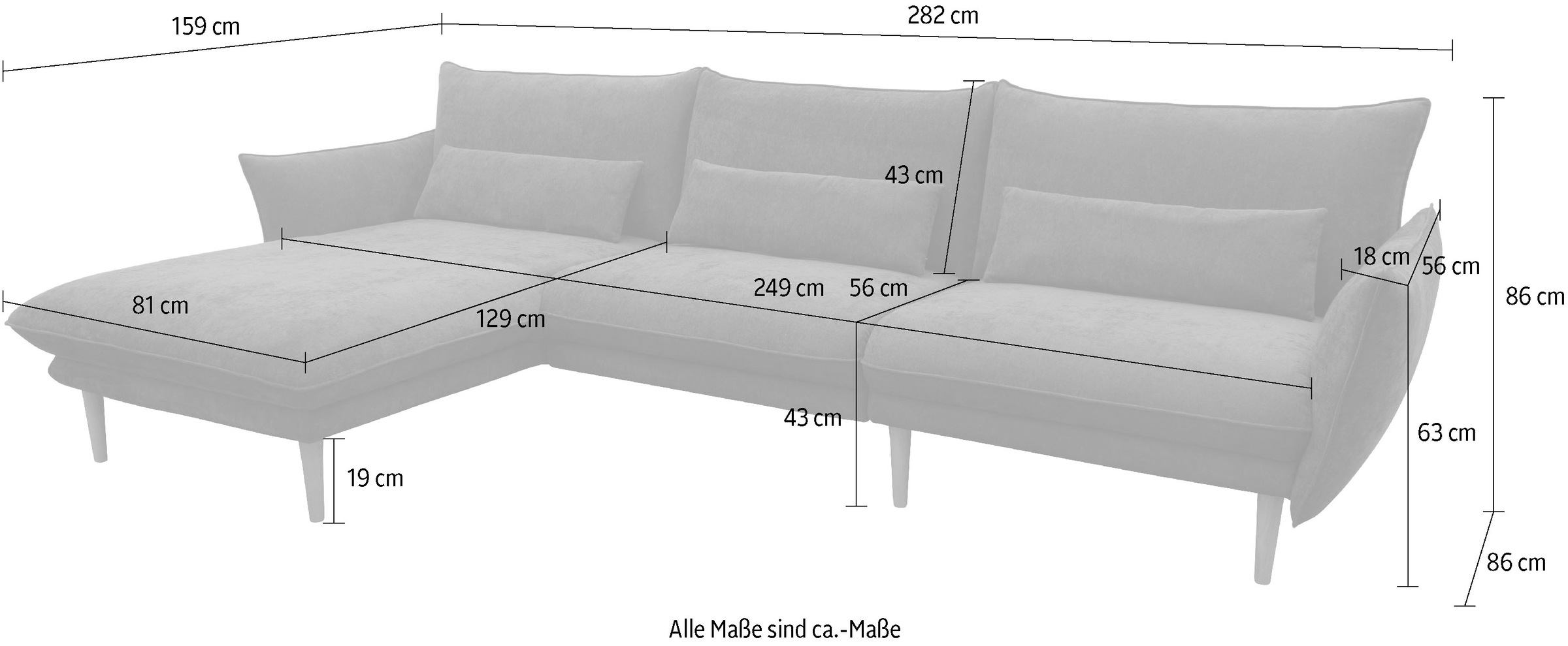 DOMO collection Ecksofa »Leuven modern mit schmalen Armlehnen, Breite 282 cm, L-Form« angenehm feste Polsterung, bodenfrei, 19 cm hohe Holzfüße