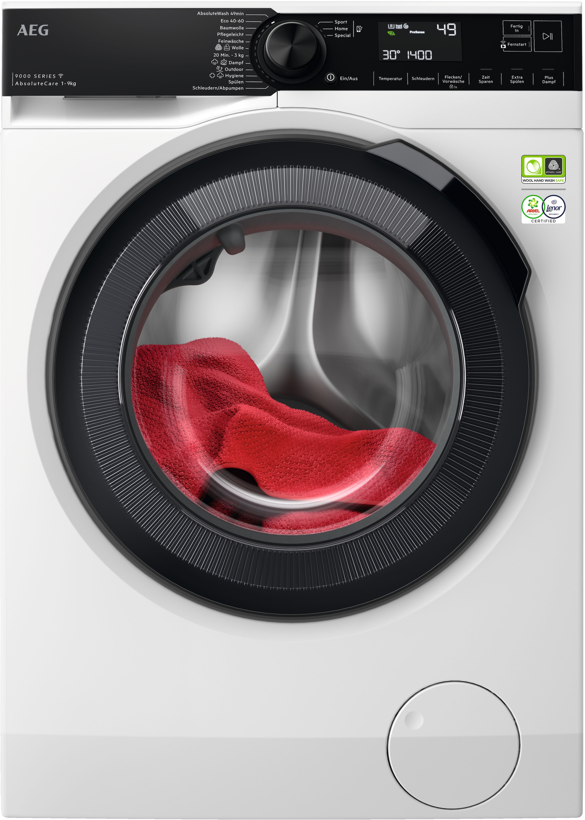 AEG LR9W75490 Serie 9000 AbsoluteCare® mit SoftWater Wasservorenthärtung Wifi Waschmaschine (9 kg, 1351 U/Min., A, Frontlader)