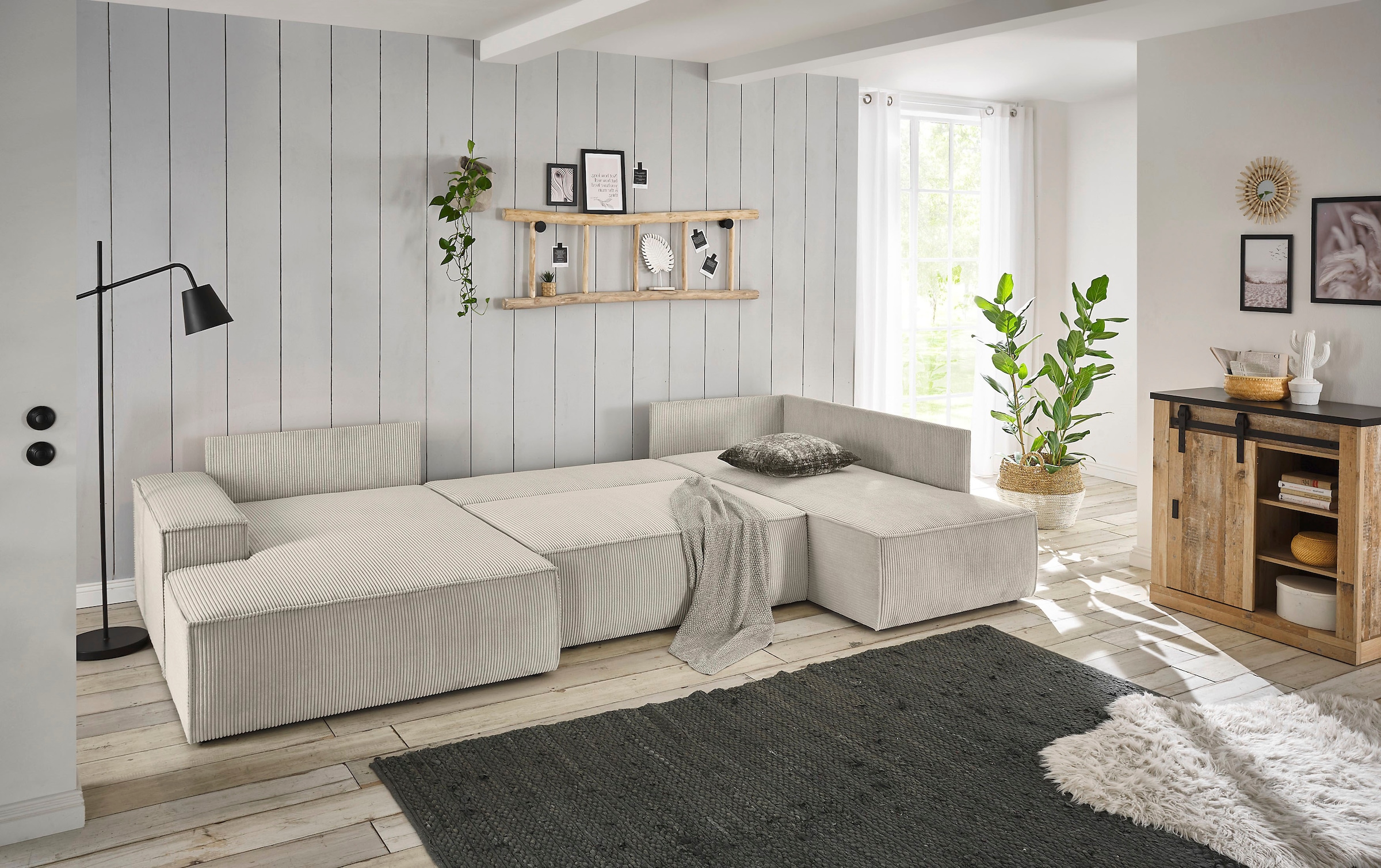 Home affaire Wohnlandschaft »SHERWOOD 329 cm, U-Form, Schlafsofa,«, Schlaffunktion m. Bettkasten (194x139 cm), Cord, Vintage, Samtvelours