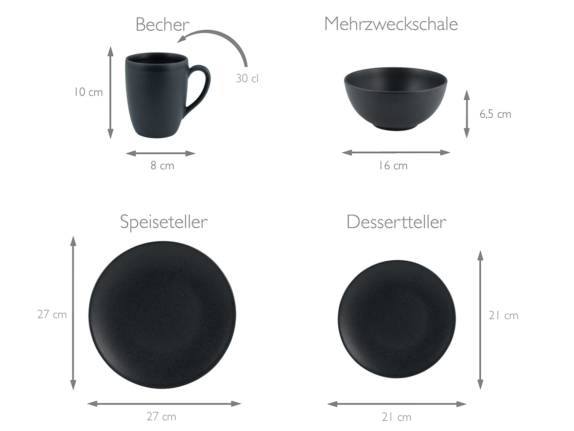 CreaTable Kombiservice »Geschirr-Set Soft Touch Black« Service, schwarz, seidenmatte Glasur, 16 Teile, für 4 Personen