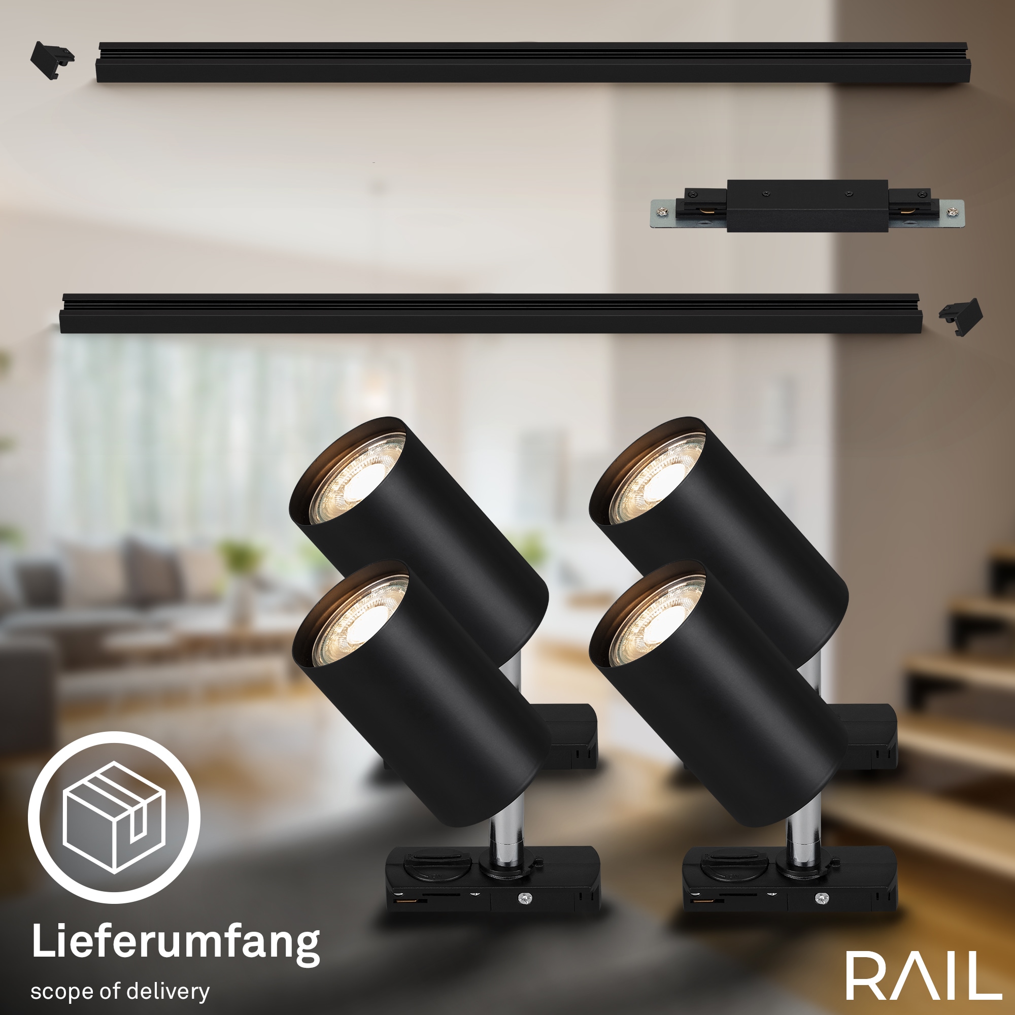 Briloner Leuchten Schienensystem-Sets »RAIL« GU10 9 Stk. Schienensystem Rail 1,5 m Schwarz max. 9W Decke Wohnzimmer Büro Küche