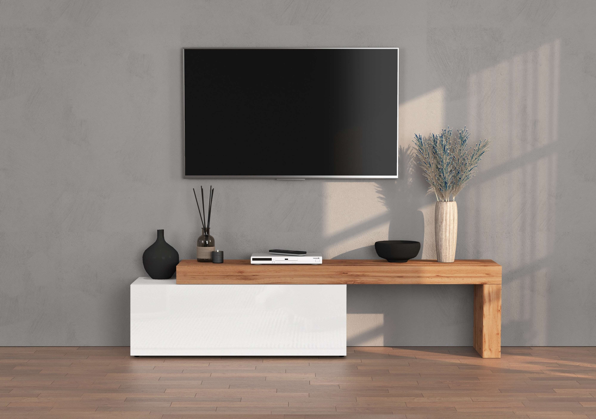 INOSIGN TV-Board »Chronos TV-Board, Lowboard«, (1 St., Breite verstellbar von 180 bis 290 cm), Breite 240 cm TV-Board,Lowboard,1 Klappe und ein L-Förmiger Aufsatz