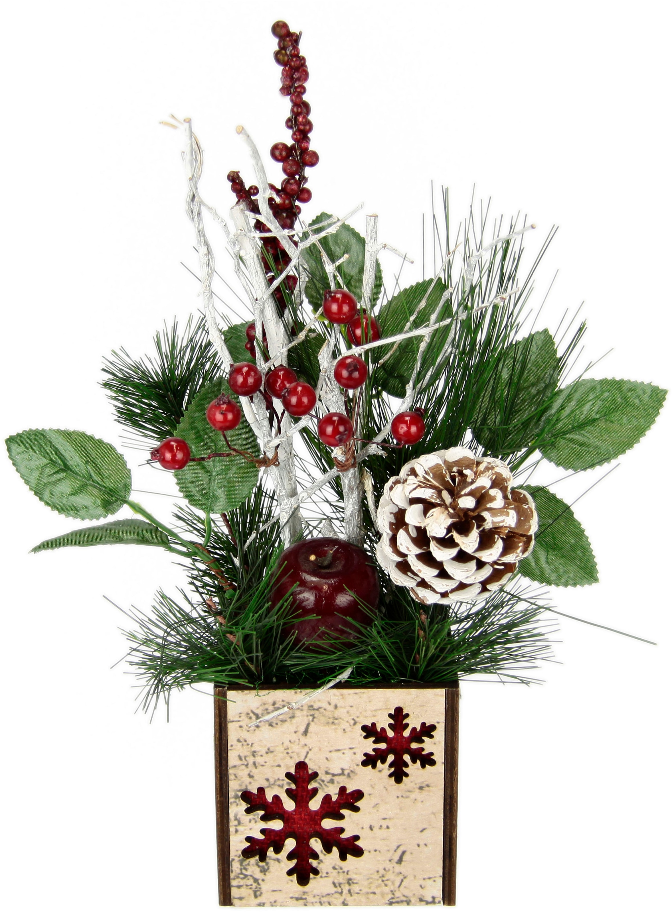 I.GE.A. Winterliche Kunstpflanze »Weihnachtsgesteck mit Apfel im Topf, winterliches Arrangement,«, Kunstblumen-Gesteck mit Zapfen, Beeren und Dekozweigen, Weihnachtsdeko