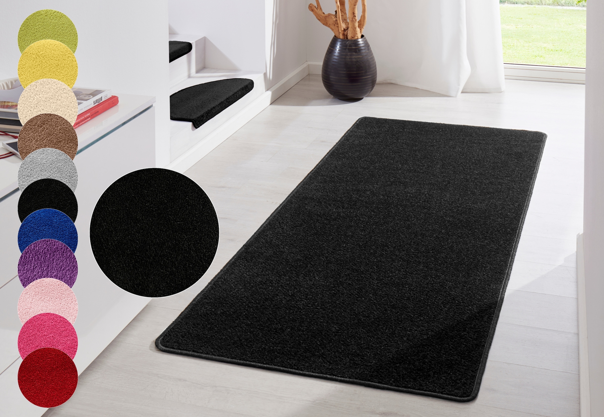 THE RUGS Modern Plain Rug Uni Colours Short Pile Polypropylene Area Rug in Black | Size: 80cm x 200cm