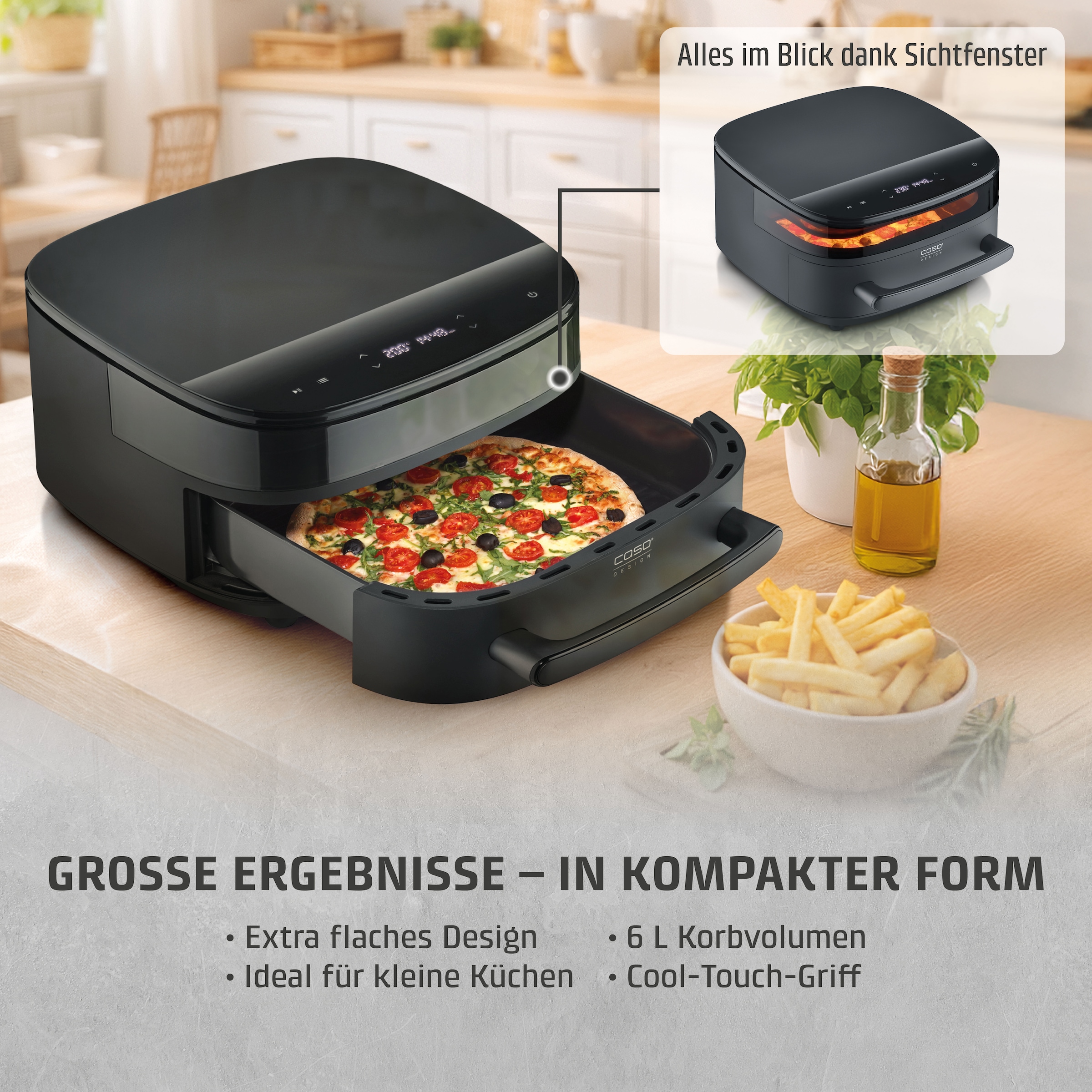 Caso Heißluftfritteuse »Design Heissluftfritteuse AirFry & PizzaChef« 2850 W Frittieren, Backen, Aufwärmen, Rösten oder Dörren.