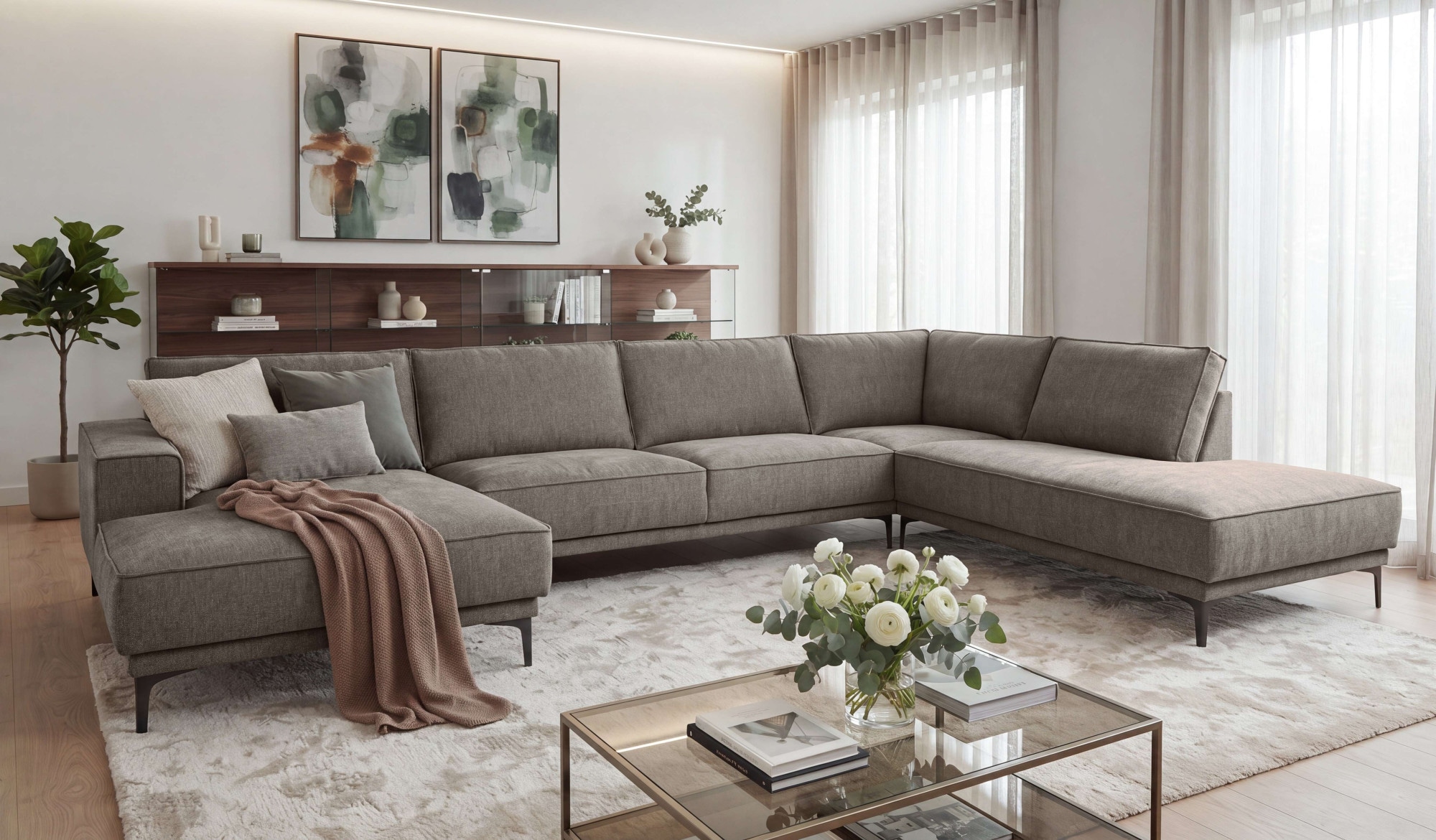 OTTO home Wohnlandschaft »XXL Sofa Oland mit modernem Chenille-Bezug« U-Form, 345 cm, Wellenunterfederung, Skandi-Design, Metallfüße