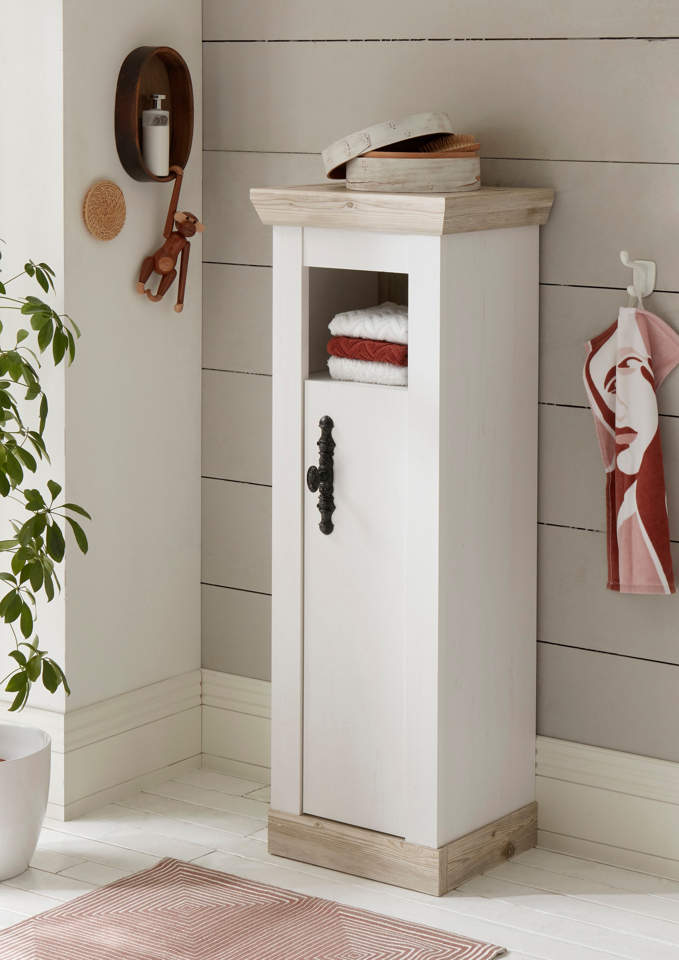 Home affaire Midischrank »Florenz, Badschrank im Landhausstil, Schrank mit Metallgriffen« in Pinie Weiß, offenes Fach und Stauraum hinter Drehtür
