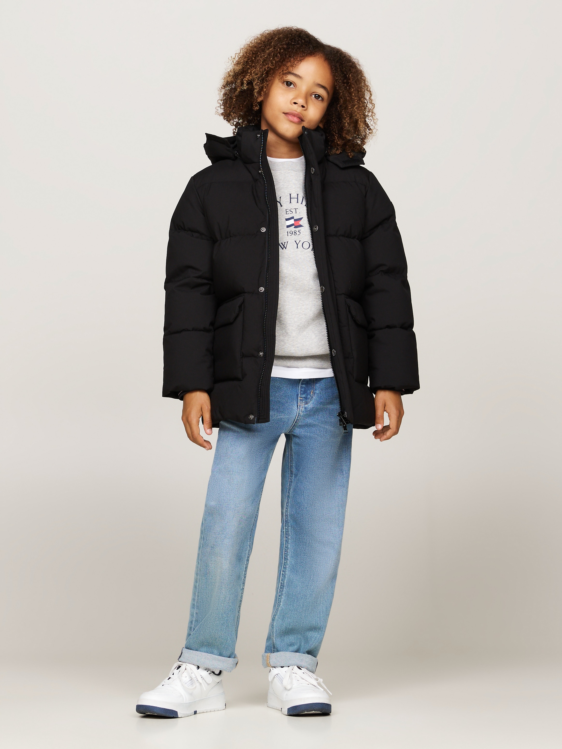 Tommy Hilfiger Steppjacke »MONOTYPE RIBSTOP PUFFER JACKET«, mit Kapuze, mit Kontrast-Streifen, Logoschriftzug