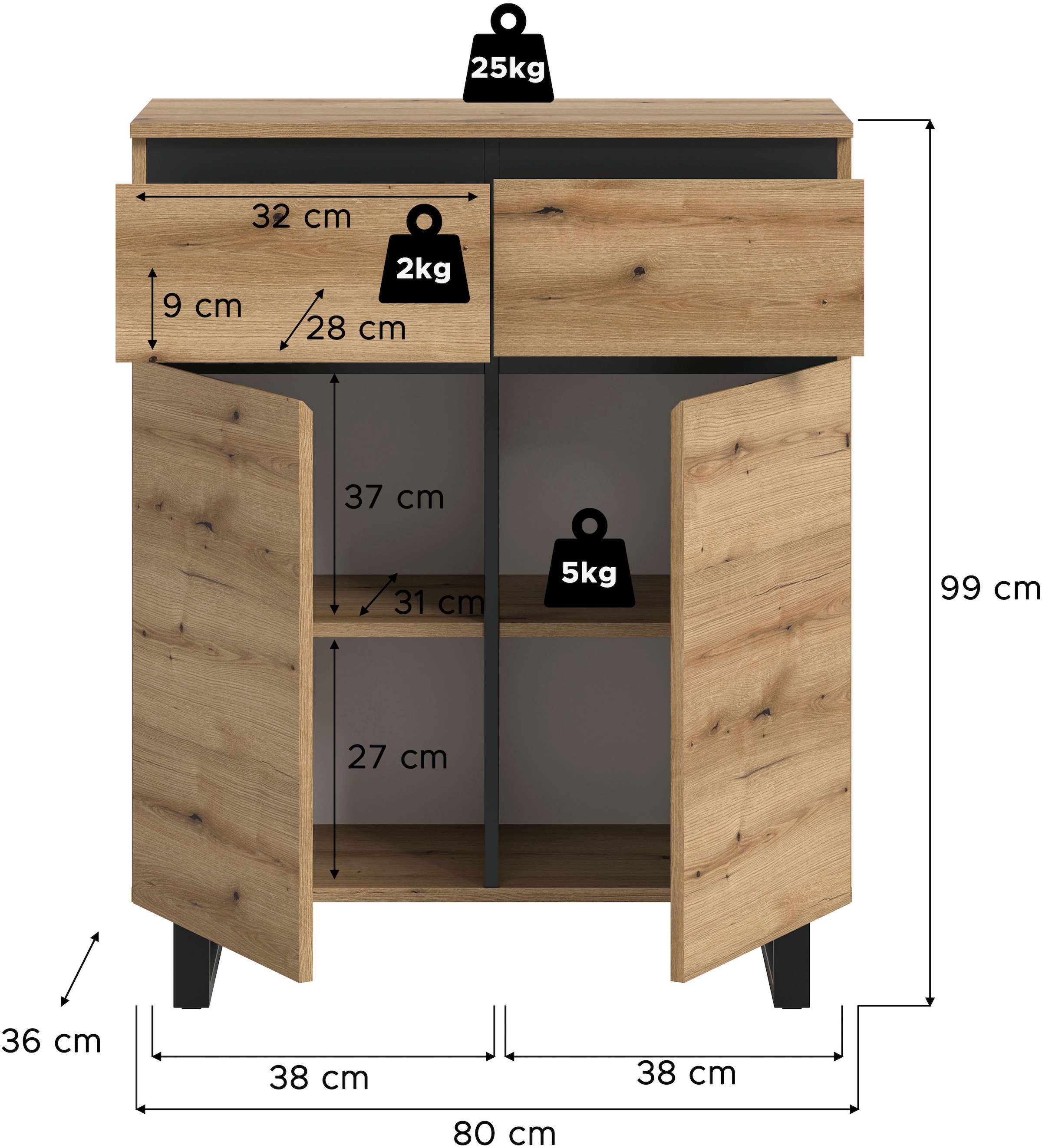 Home affaire Kommode »TOMA, Höhe: 99cm, mit Metall-Kufen-Fuß, 2 Türen, 2 Schubkästen« Anrichte, Sideboard, Schrank, Board, Highboard