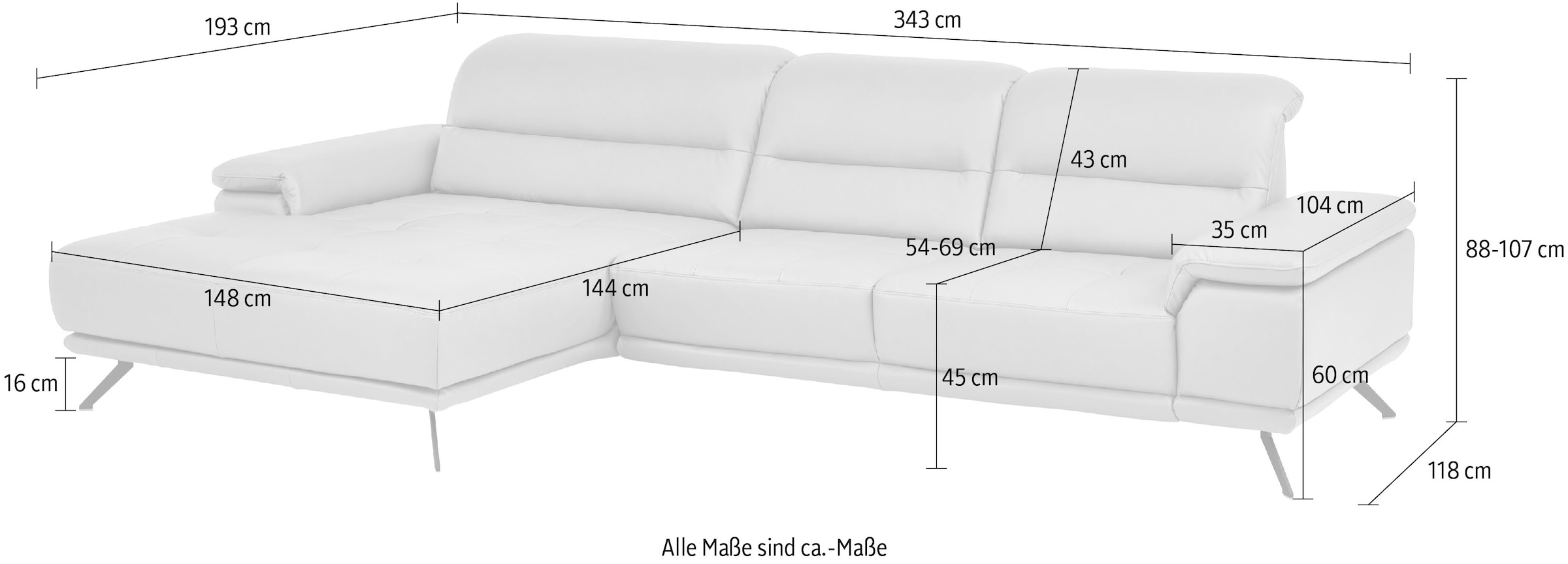 Die PlanBar Ecksofa »PN-EM19074, L-Form, Breite 343 cm« inkl. Sitztiefen- und Kopfteilverstellung