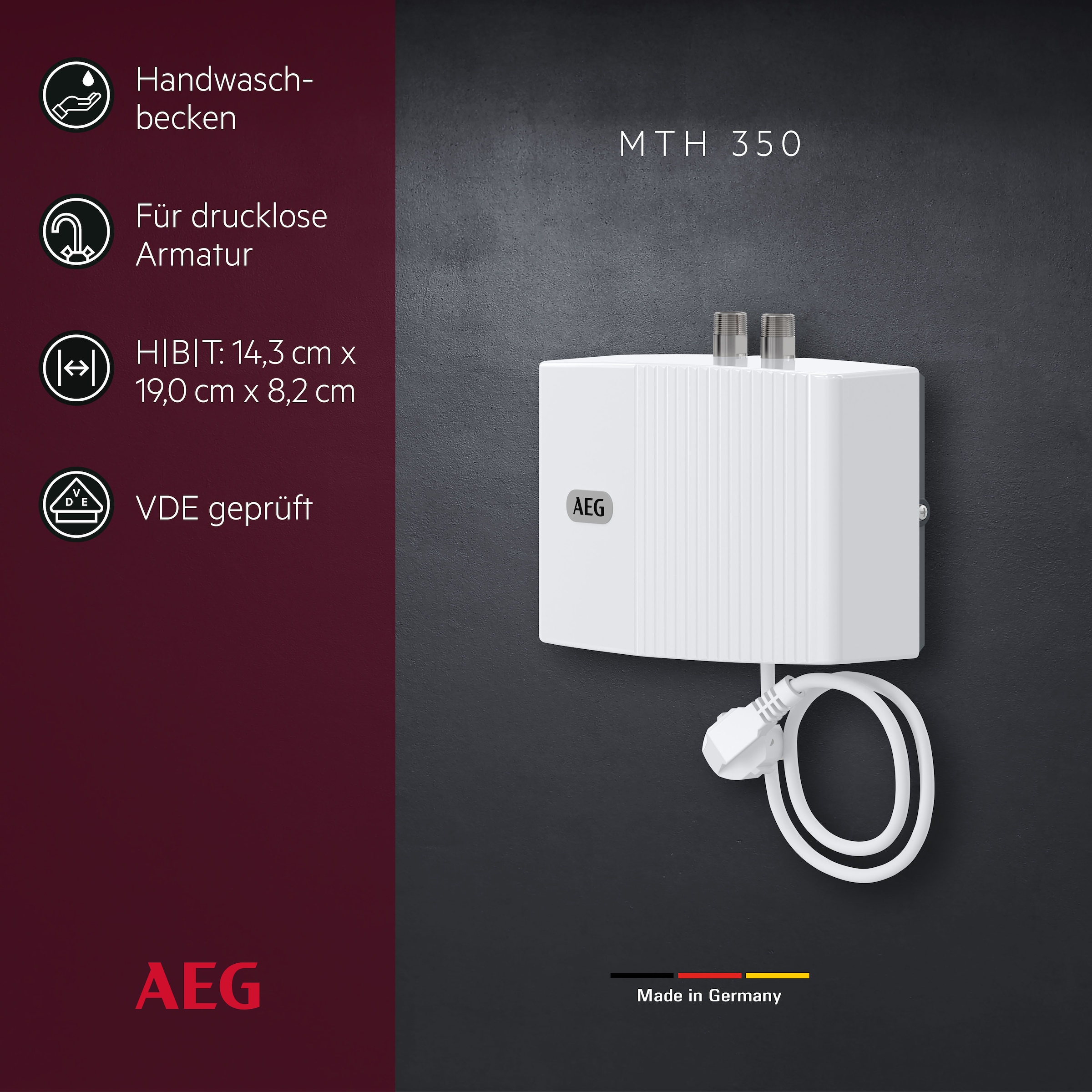 AEG Haustechnik Klein-Durchlauferhitzer »MTH 350 f. Handwaschbecken, 3,5 kW, m. Stecker« 230V, hydraulisch, drucklos