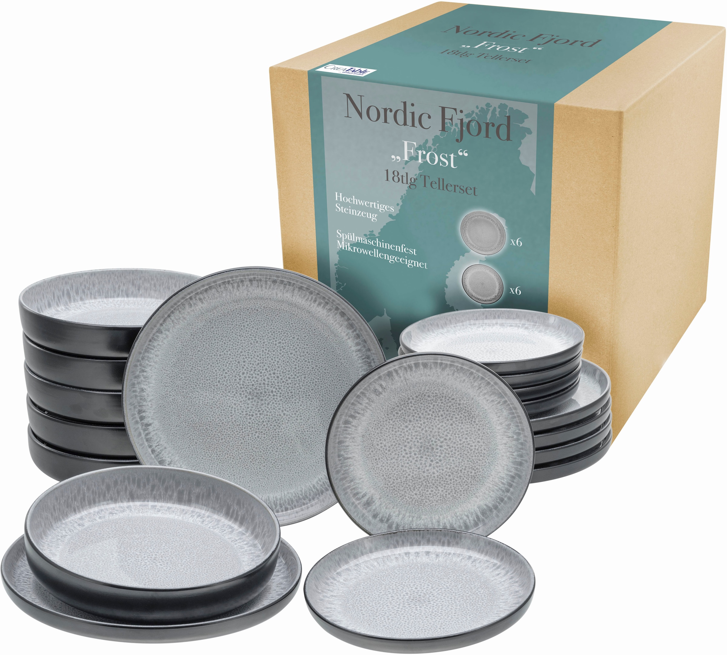 CreaTable Teller-Set »Nordic Fjord«, (Set, 18 tlg.), je 6 Speiseteller 26 cm, Suppenteller 22,5 cm, Dessertteller 19,5 cm