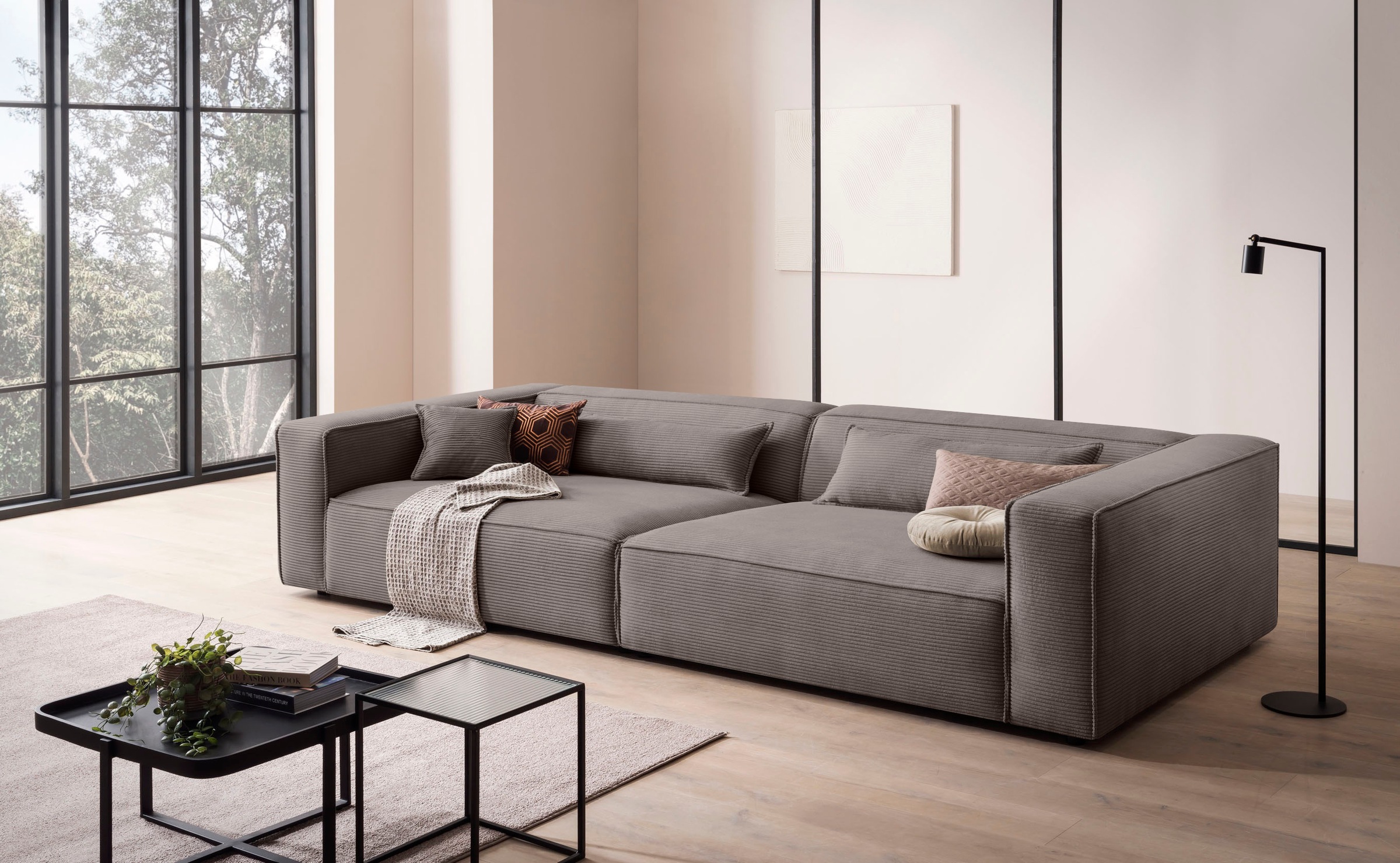 LeGer Home by Lena Gercke 3-Sitzer »PIARA XXL, Sofa mit Kedernaht in Cord, Leinenoptik o. Strukturstoff« schwarze Füße, bequemer Sitzkomfort, extra tiefe Sitzfläche