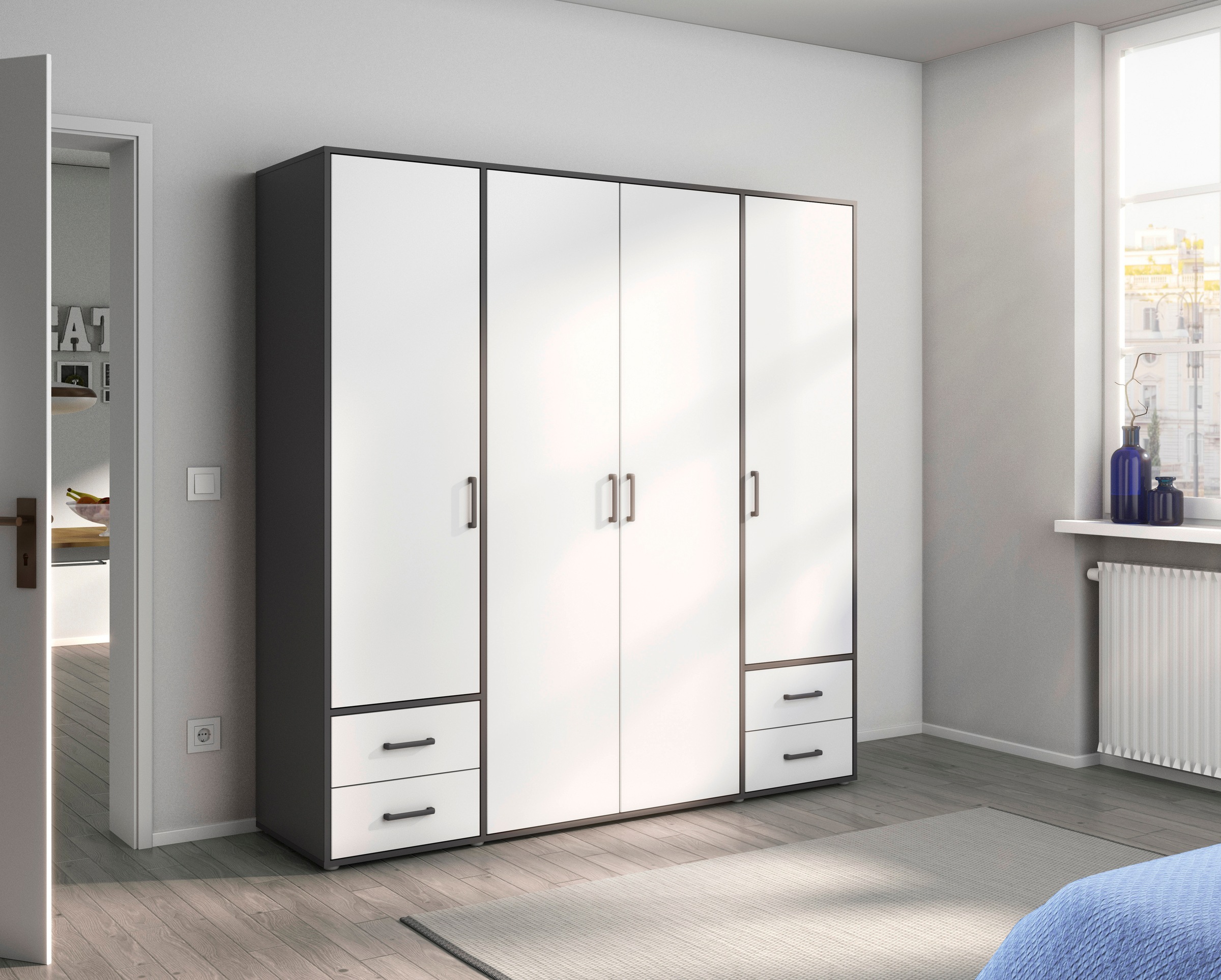 rauch Drehtürenschrank »Kleiderschrank Schrank Garderobe Wäscheschrank VOYAGER«, (in 3 verschiedenen Ausstattungen BASIC/CLASSIC/PREMIUM), moderne Griffe in Graumetallic mit Außenschubkästen MADE IN GERMANY