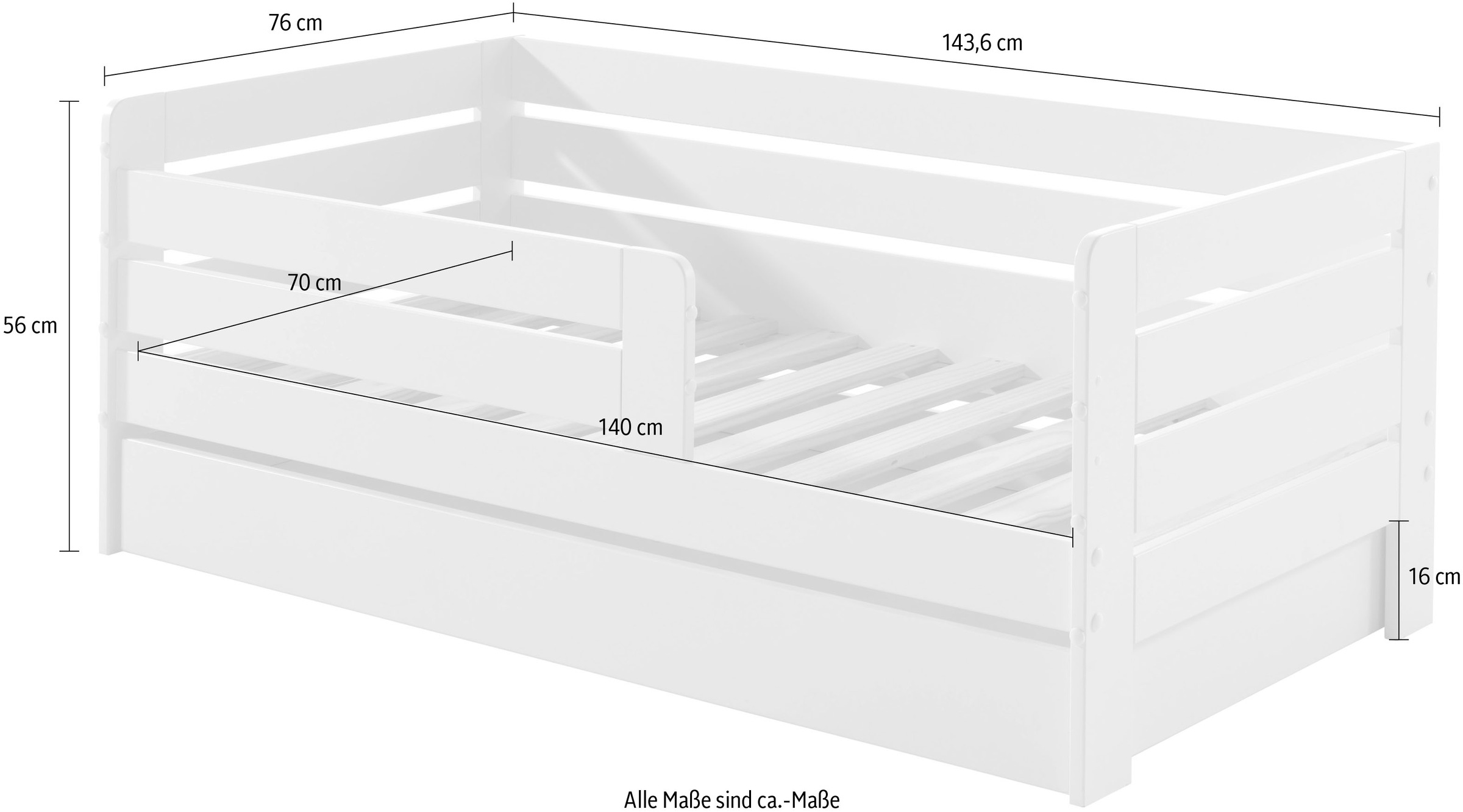 Vipack Kinderbett »Junior, Kiefer massiv lackiert, niedriger Einstieg rechts oder links«, (B/H/T ca. 148x60x76cm, wahlweise mit Schublade, in 2 Farben erhältlich), inklusive Rolllattenrost und umlaufendem Absturzschutz