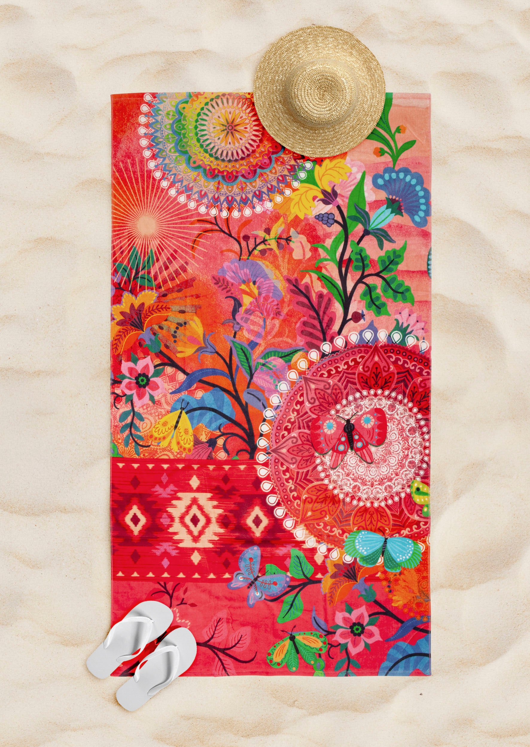 hip Strandtuch »Giselah«, (1 St., Strandtuch 100 x 180 cm), Baumwolle, Velours, 100x180, Weich, Strand, Mandala, Rosa, Rot, Bunt