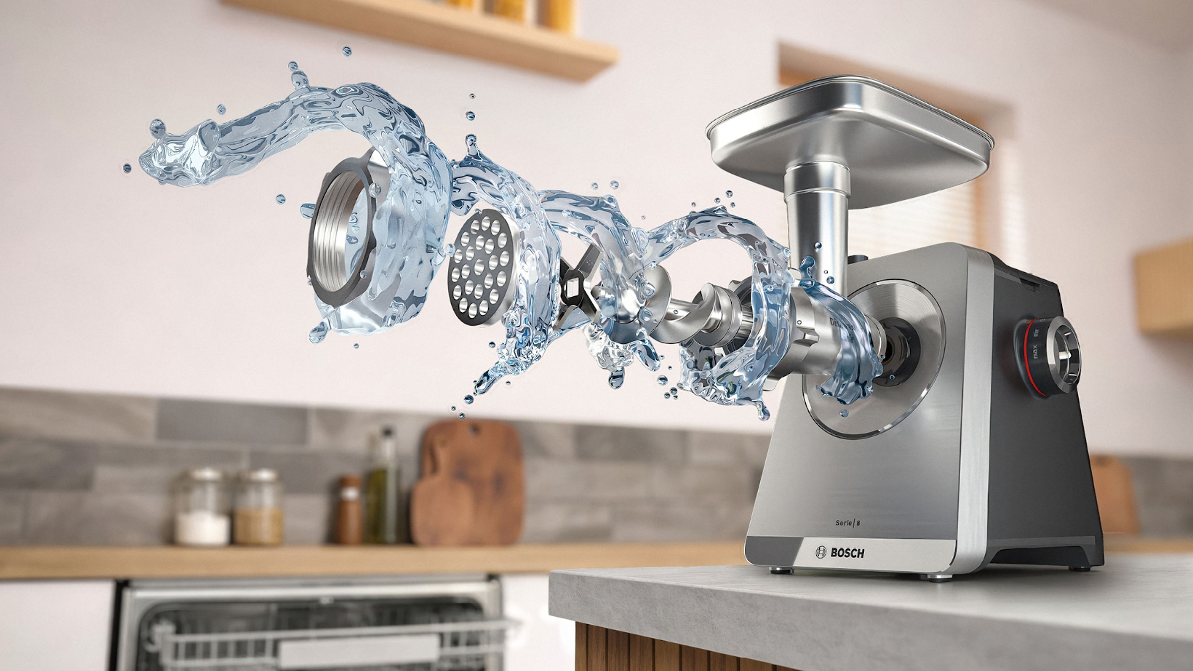 BOSCH Fleischwolf »Serie 8 MFWS840M, bis zu 4,5 kg Fleisch pro Min., spülmaschinenfest« 800 W Edelstahl, 10-Jahre Motorgarantie, mit drei Lochscheiben, 2.500 W