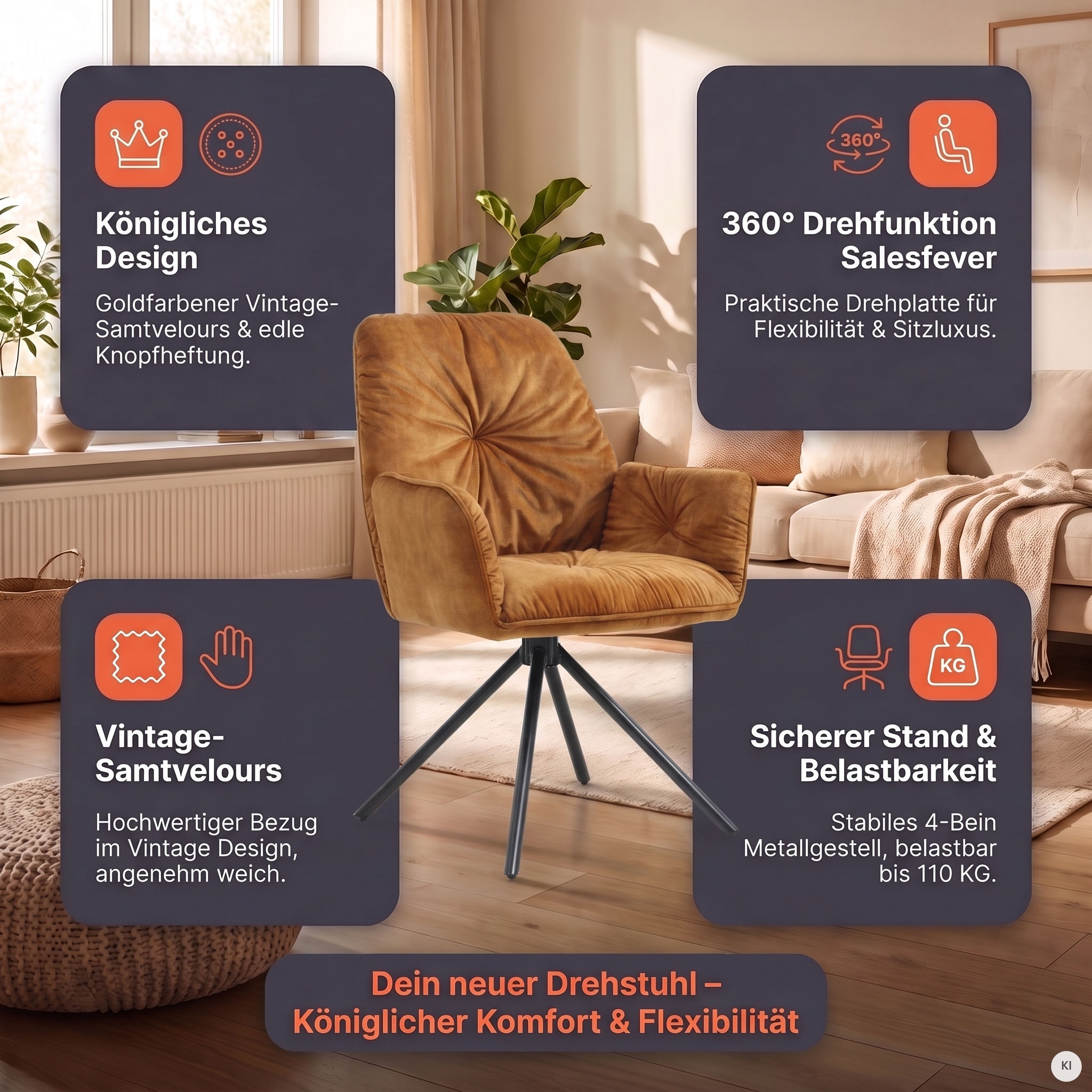 SalesFever Esszimmerstuhl »Ottawa Armlehnstuhl: Rückzugsort im Esszimmer« (Set) 1 Stk.360° Drehbarer Esszimmersessel mit Armlehnen - 1 Stück