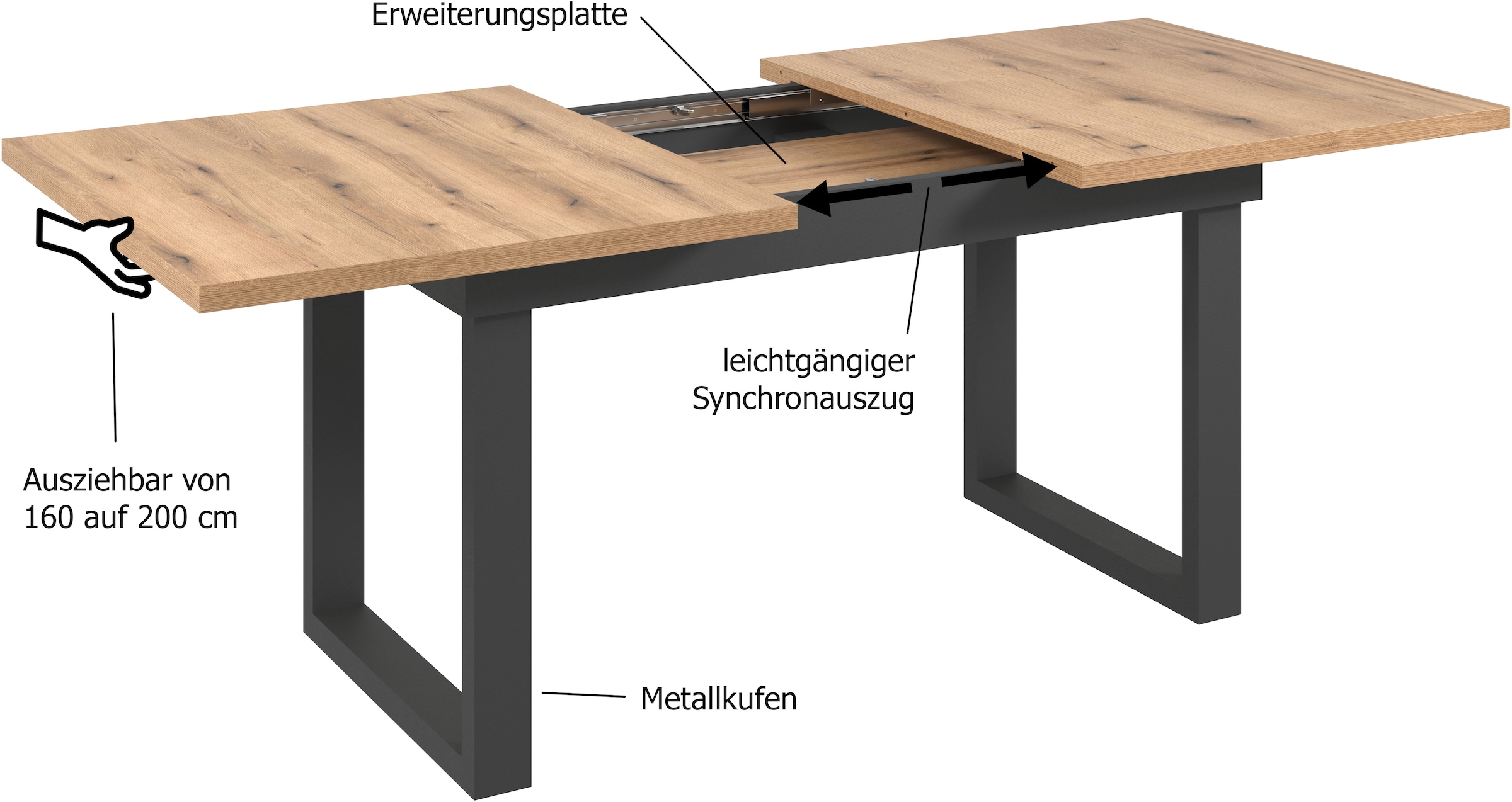 INOSIGN Esstisch »Valencia« 1 Stk. tlg. Synchroauszug; Metallkufen, ausziehbar auf 200 cm