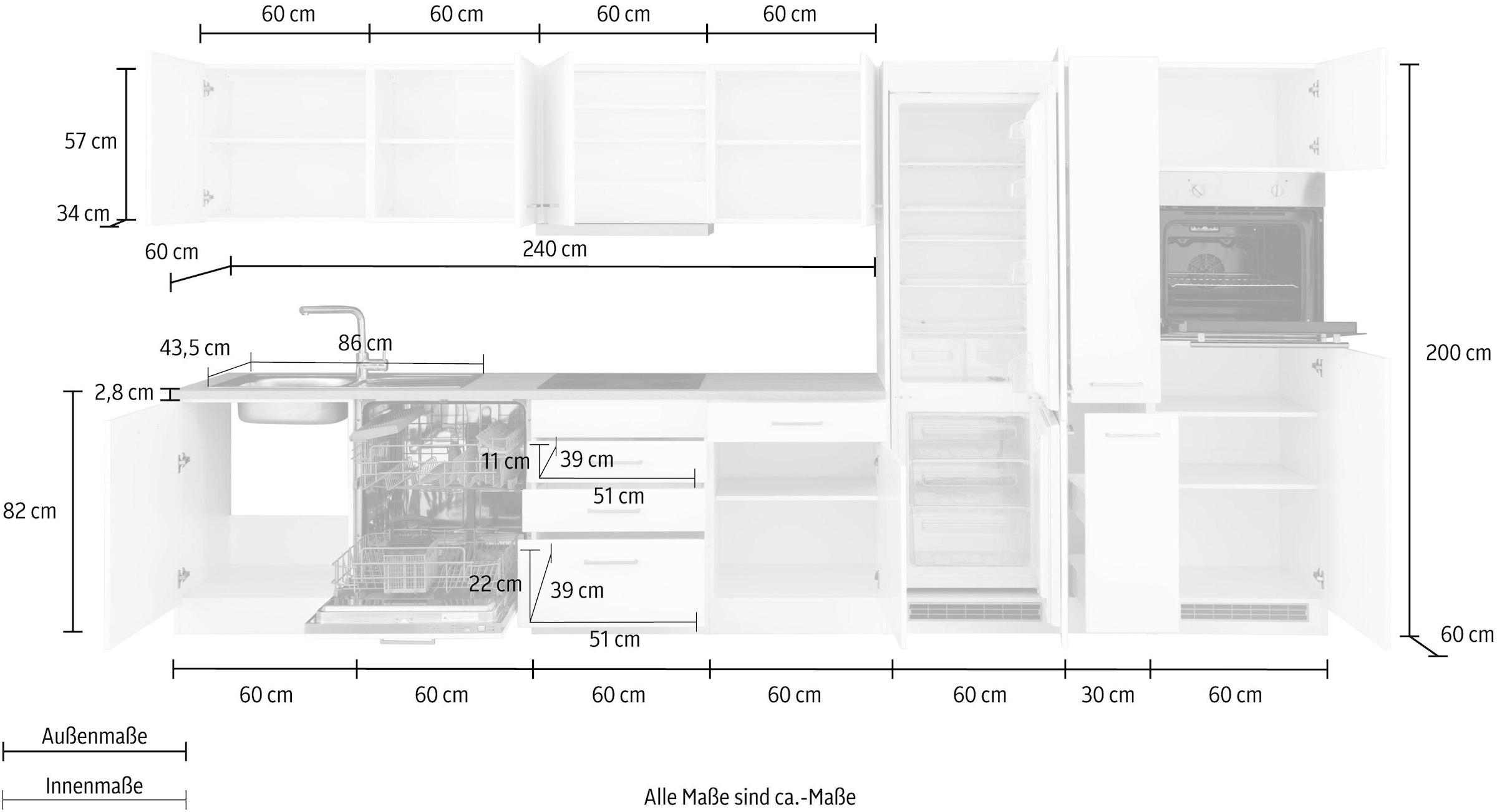 HELD MÖBEL Küchenzeile »Visby«, mit E-Geräten, Breite 390 cm inkl. Kühl/Gefrierkombination