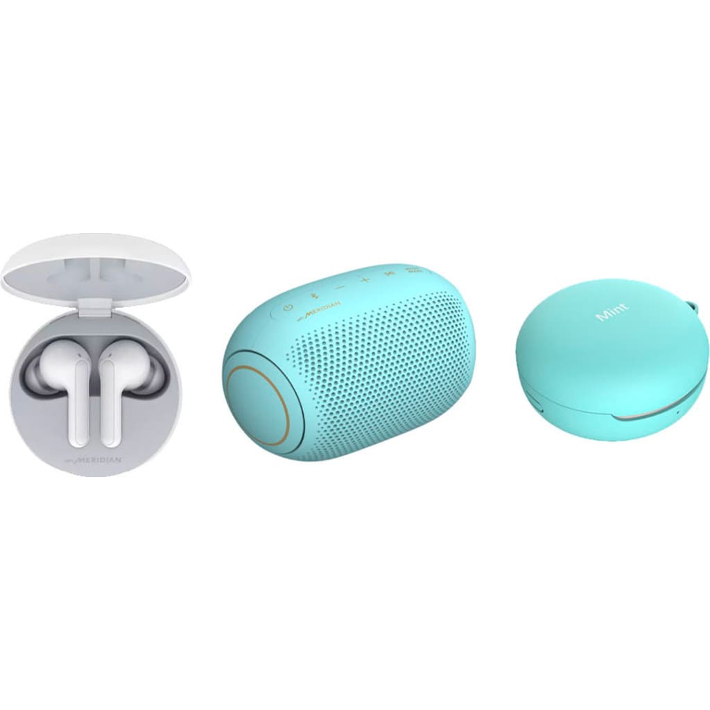 LG In-Ear-Kopfhörer »FN4  Macaron Jellybean Hardbundle«, Bluetooth, Sprachsteuerung-Noise-Reduction-LED Ladestandsanzeige-True Wireless, + Bluetooth-Speaker (UVP 69,99) + Macaron Case (UVP 9,99)