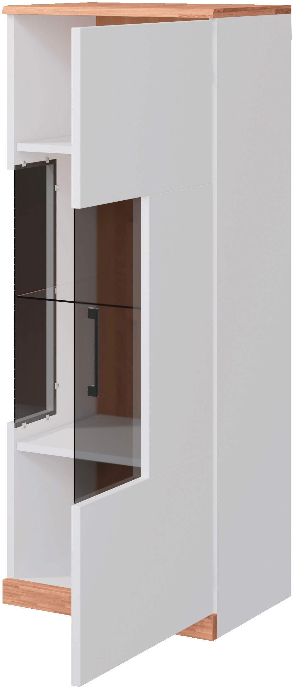 Home affaire Vitrine »Ribe,125cm hoch,4 Fächer,1Glasboden variabel einsetzbar«, Oberplatte Eiche massiv,dunkles Glas, schwarze Metall Griffe