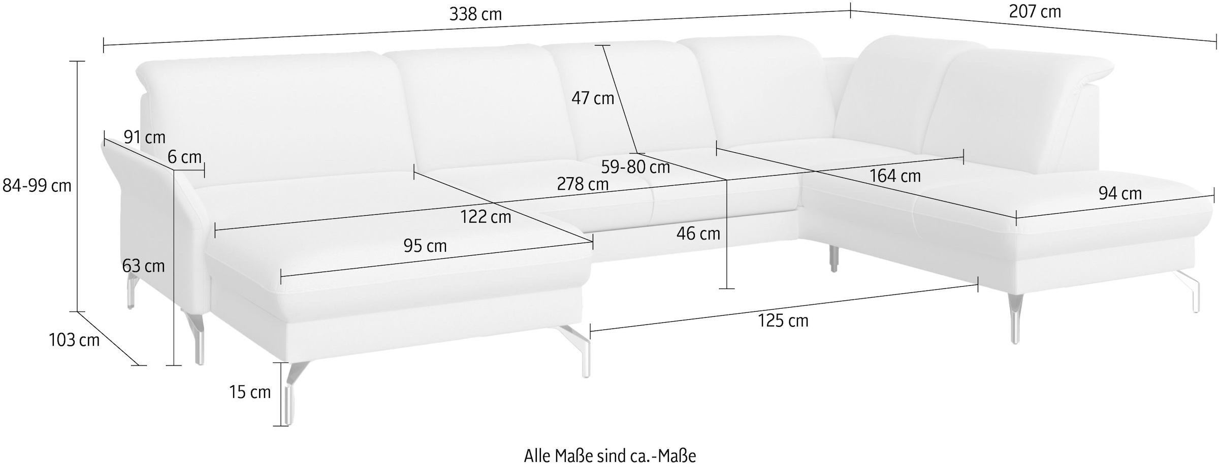 sit&more Wohnlandschaft »Fashion U-Form«, wahlweise mit Kopfteilverstellung, Vorziehsitz, motorisch, Metallfüße