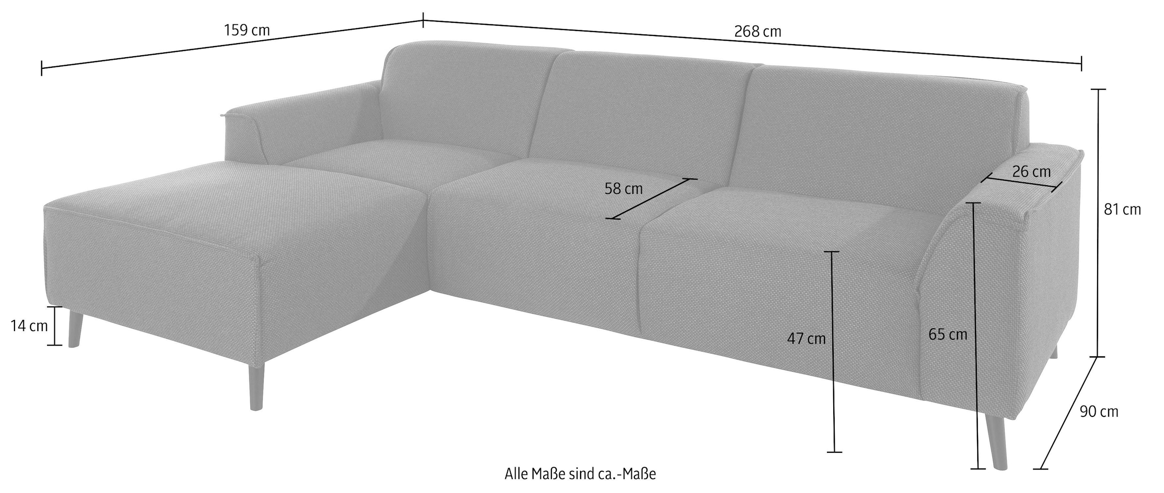 DOMO collection Ecksofa »Amora, inklusive komfortablem Federkern für mehr Sitzkomfort, L-Form«, mit Recamiere, zeitlos und elegant, Komfortsitzhöhe 47cm
