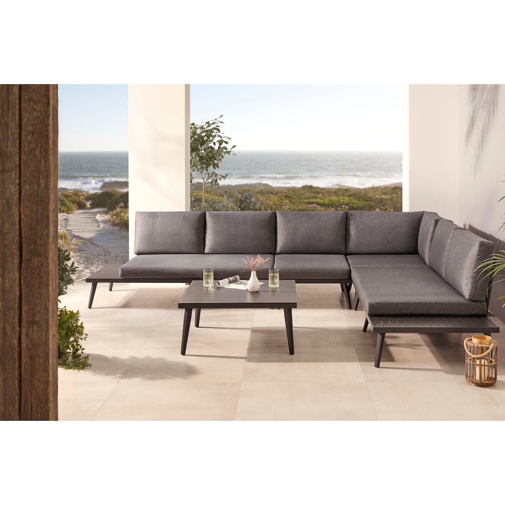 KONIFERA Gartenlounge-Set »Denver«, (Set, 14 tlg., 2x 2er Sofa mit Ablae, 1x Ecke, 1x Sessel, 1x Tisch 85x85x39,5cm), Aluminium, inkl. Auflagen, individuell stellbar, 6 Personen