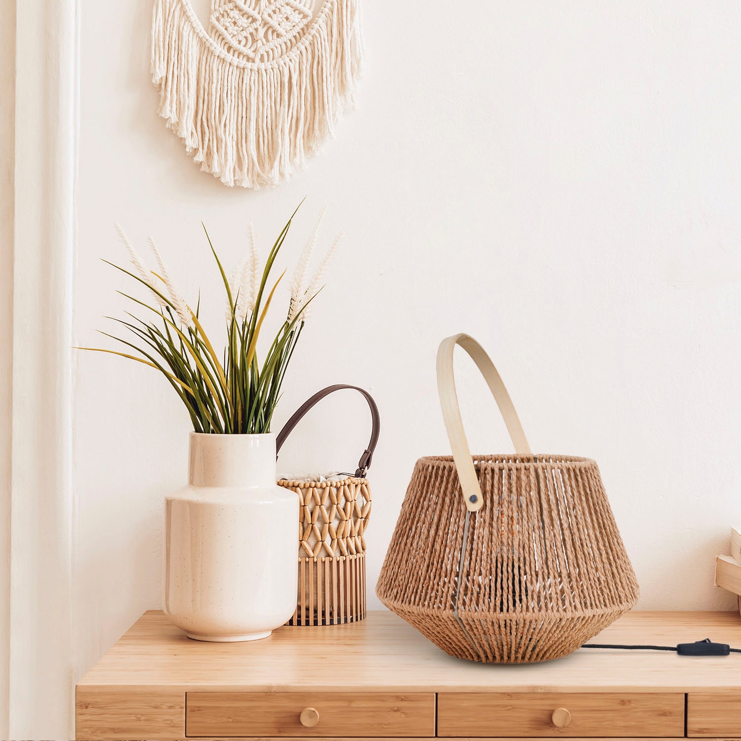 Paco Home Tischleuchte »CISCO« E27 Schreib Nachttisch Lampe Leselampe Lederband Korb E27