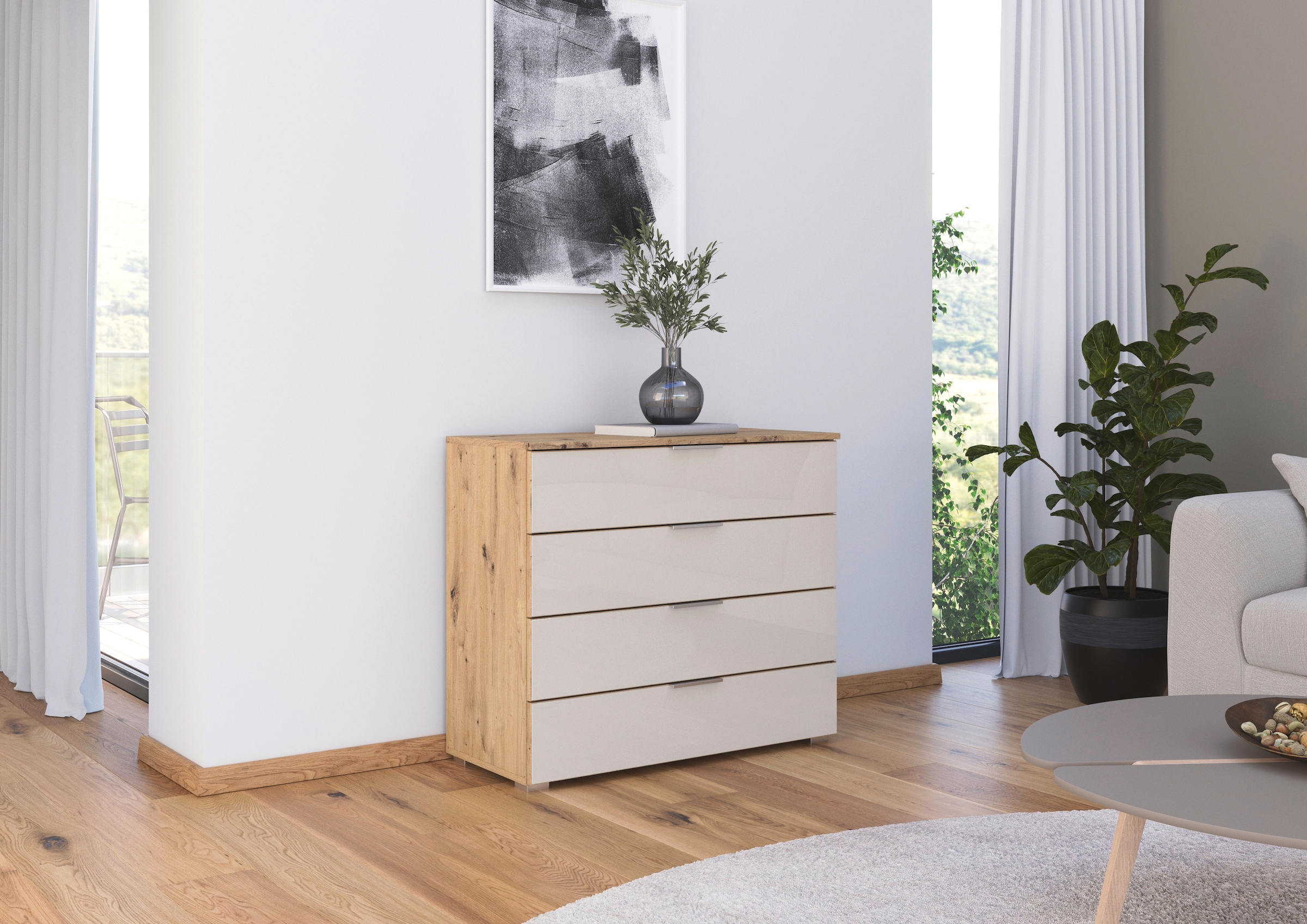 rauch Schubkastenkommode »Sideboard Schubladenkommode Schubladenkommode AGORDO mit Glasfront«, (in zwei Griff-Farben), Breite 93 cm mit 4 großen Schubladen für viel Stauraum MADE IN GERMANY