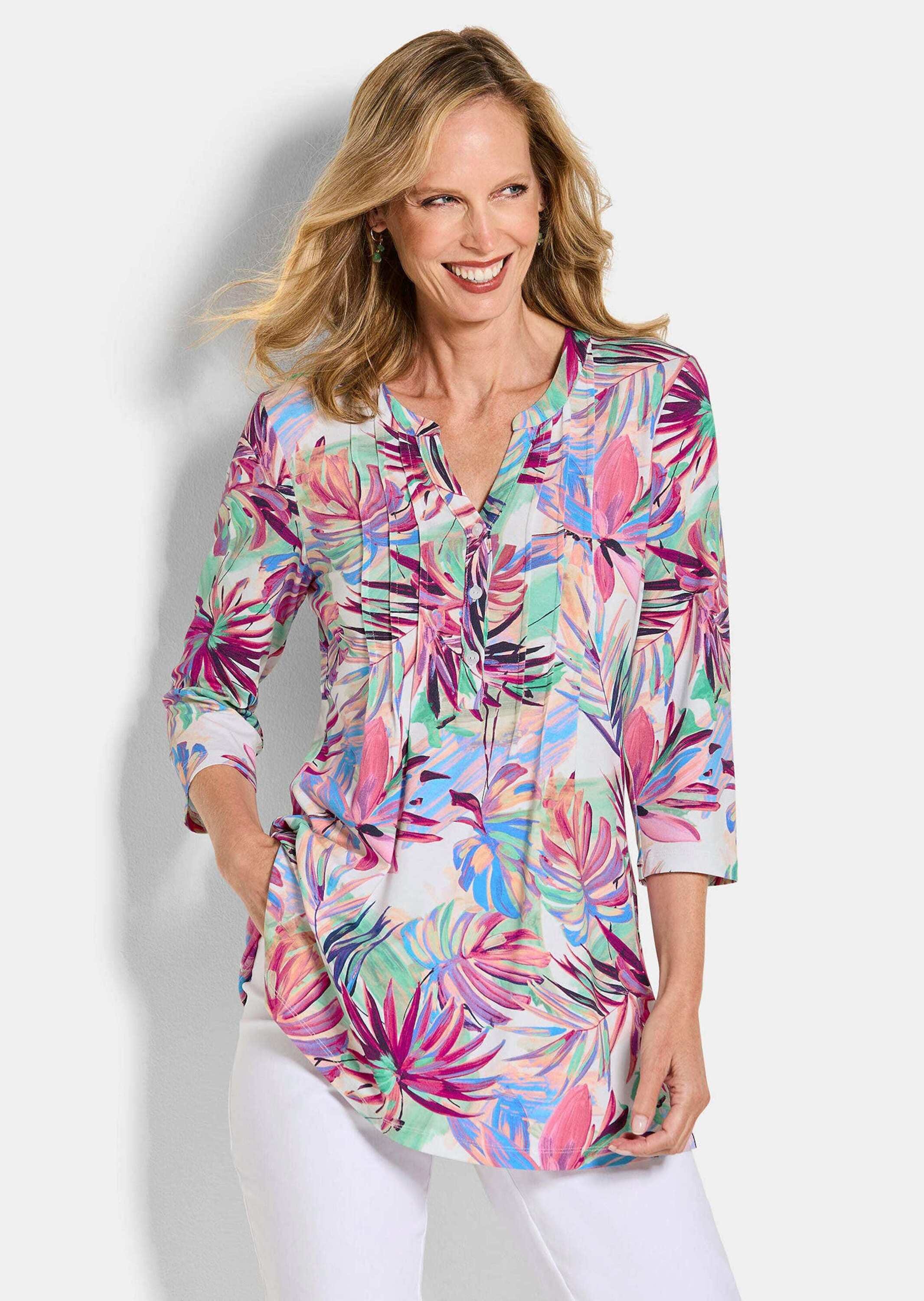 GOLDNER Tunika »Kurzgröße Sommertunika mit Palmenmuster« stretchbequemer Viskosejersey