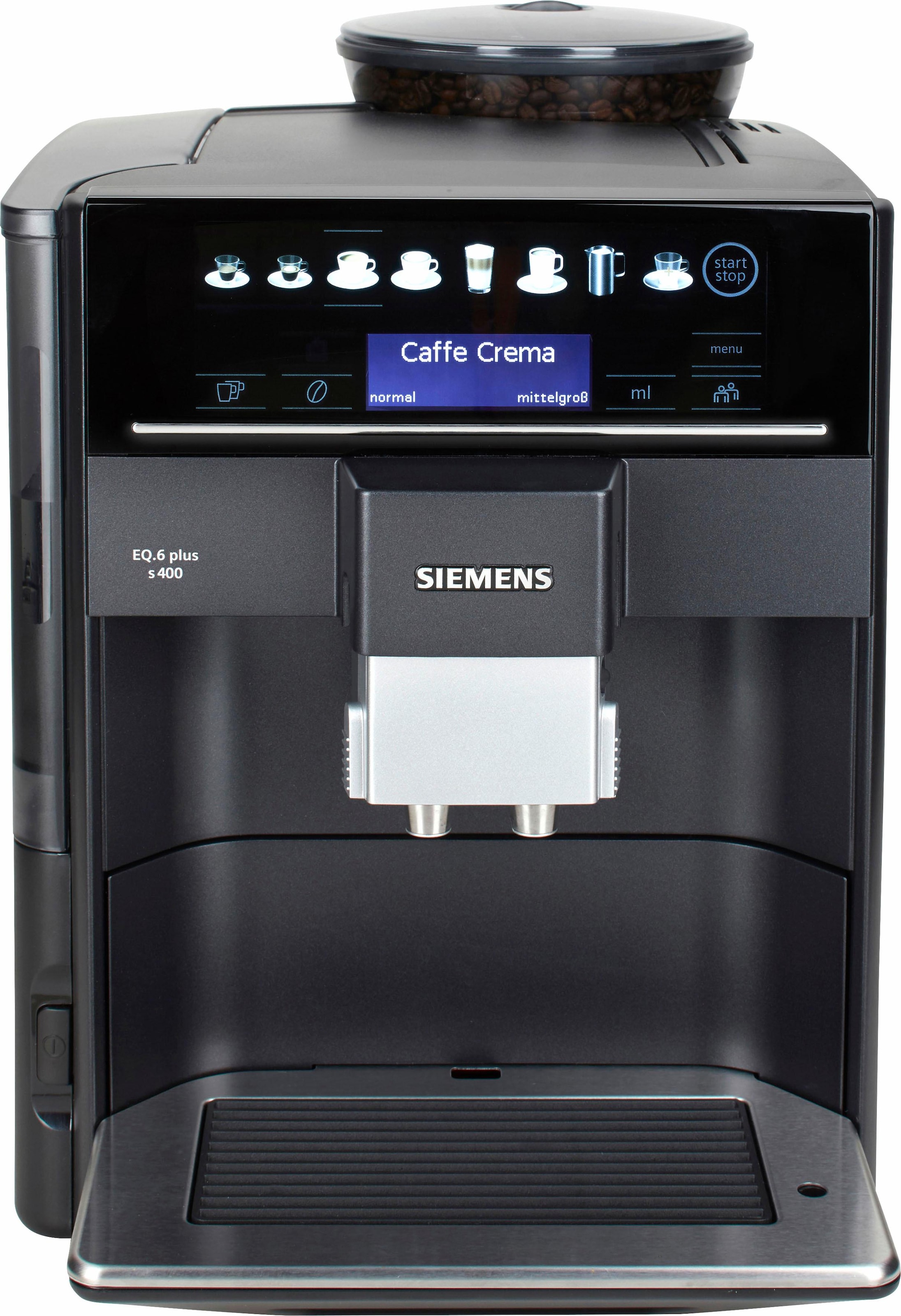 SIEMENS Kaffeevollautomat »EQ6 plus s400 TE654509DE, Doppeltassenfunktion, Keramikmahlwerk«, viele Kaffeespezialitäten, automatische Dampfreinigung, saphirschwarz