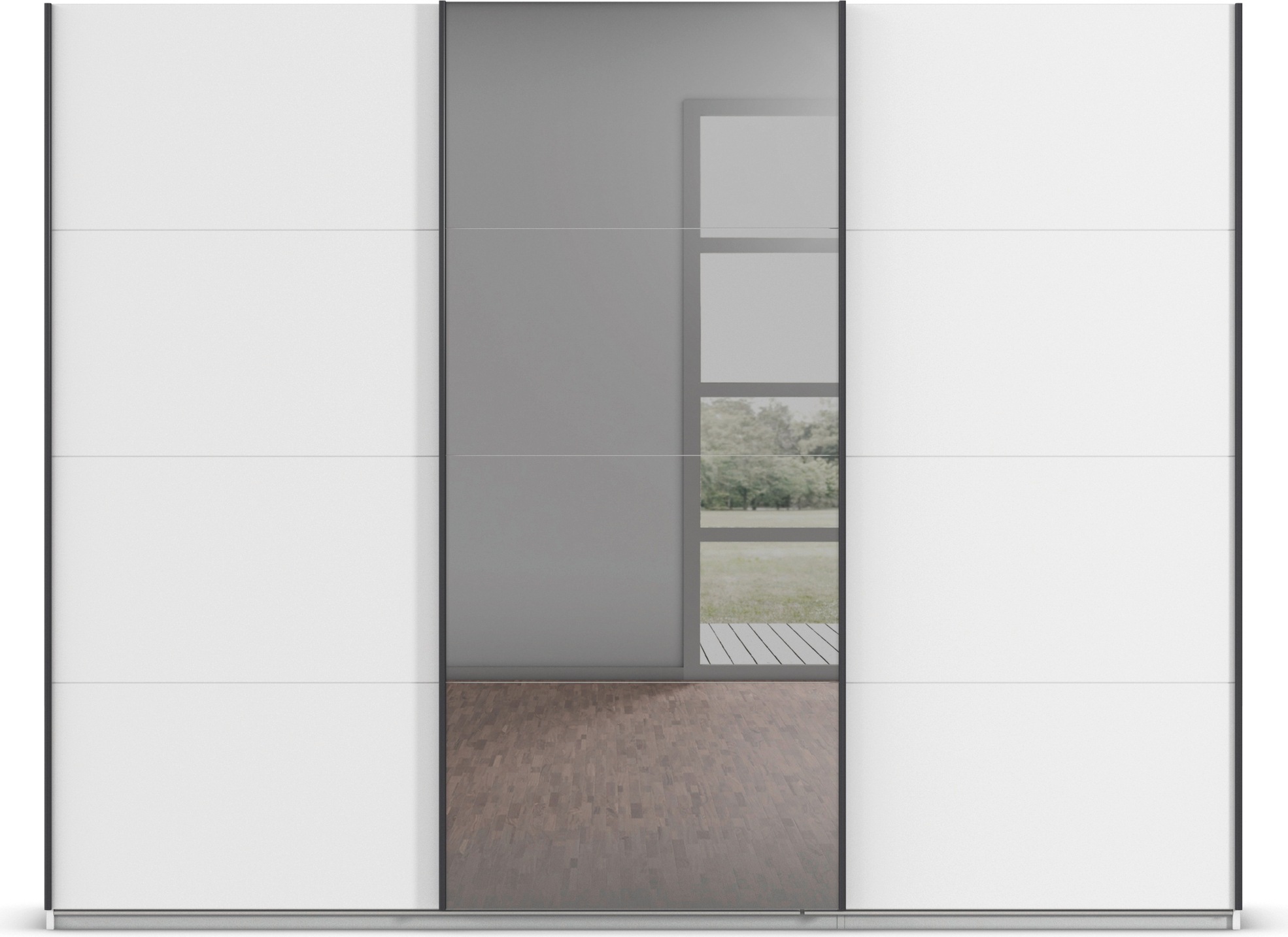 INOSIGN BY RAUCH Schwebetürenschrank »Schlafzimmerschrank BESTSELLER Kleiderschrank Schrank Garderobe FERRIS« In 3 Ausführungen BASIC/CLASSIC/PREMIUM, in Breite 271 cm,  Mitteltür mit hochwertigem Grauspiegel MADE IN GERMANY