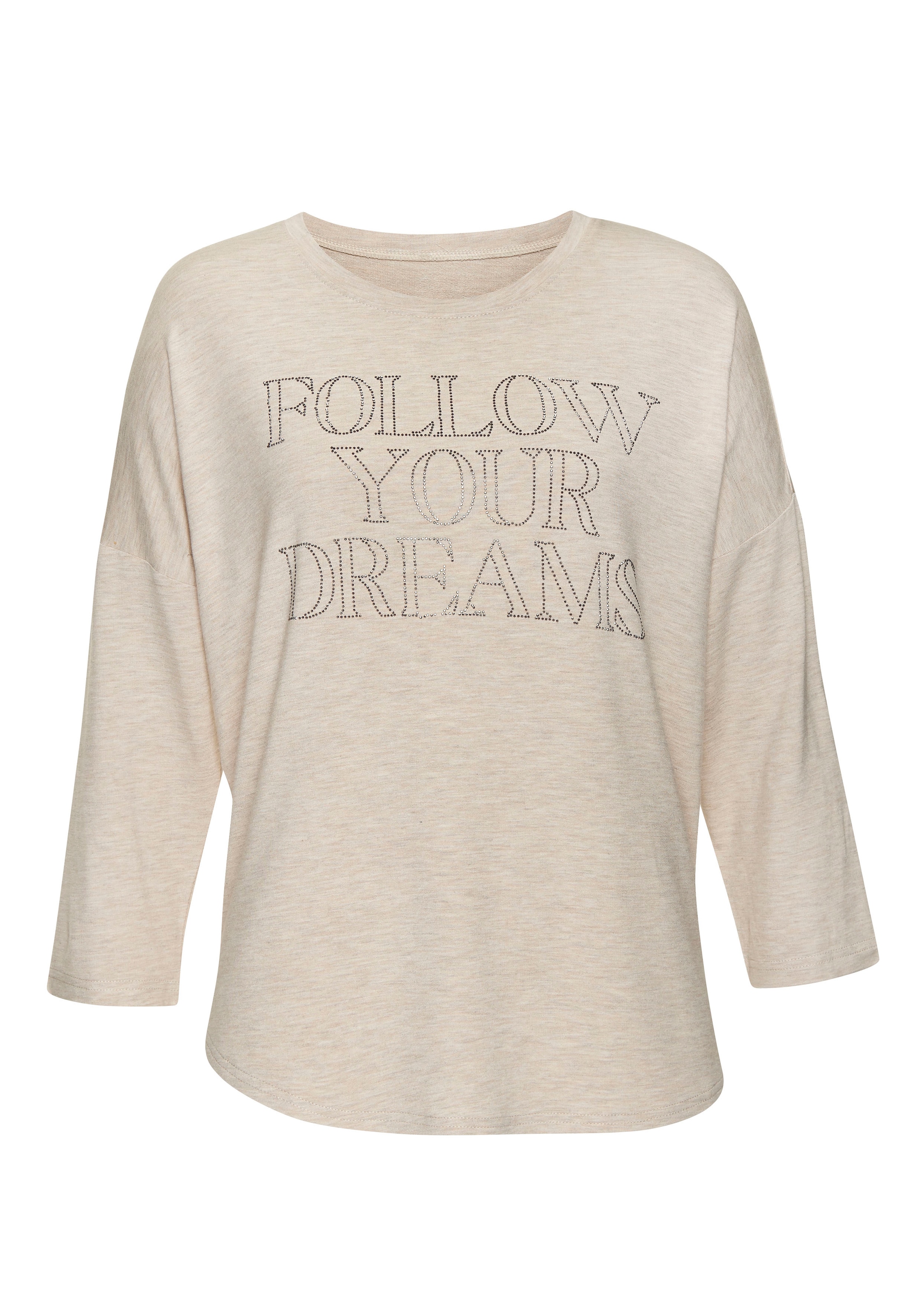 LASCANA 3/4-Arm-Shirt »mit Schriftzug aus Strasssteinen« aus hochwertiger French Terry-Qualität aus Viskose
