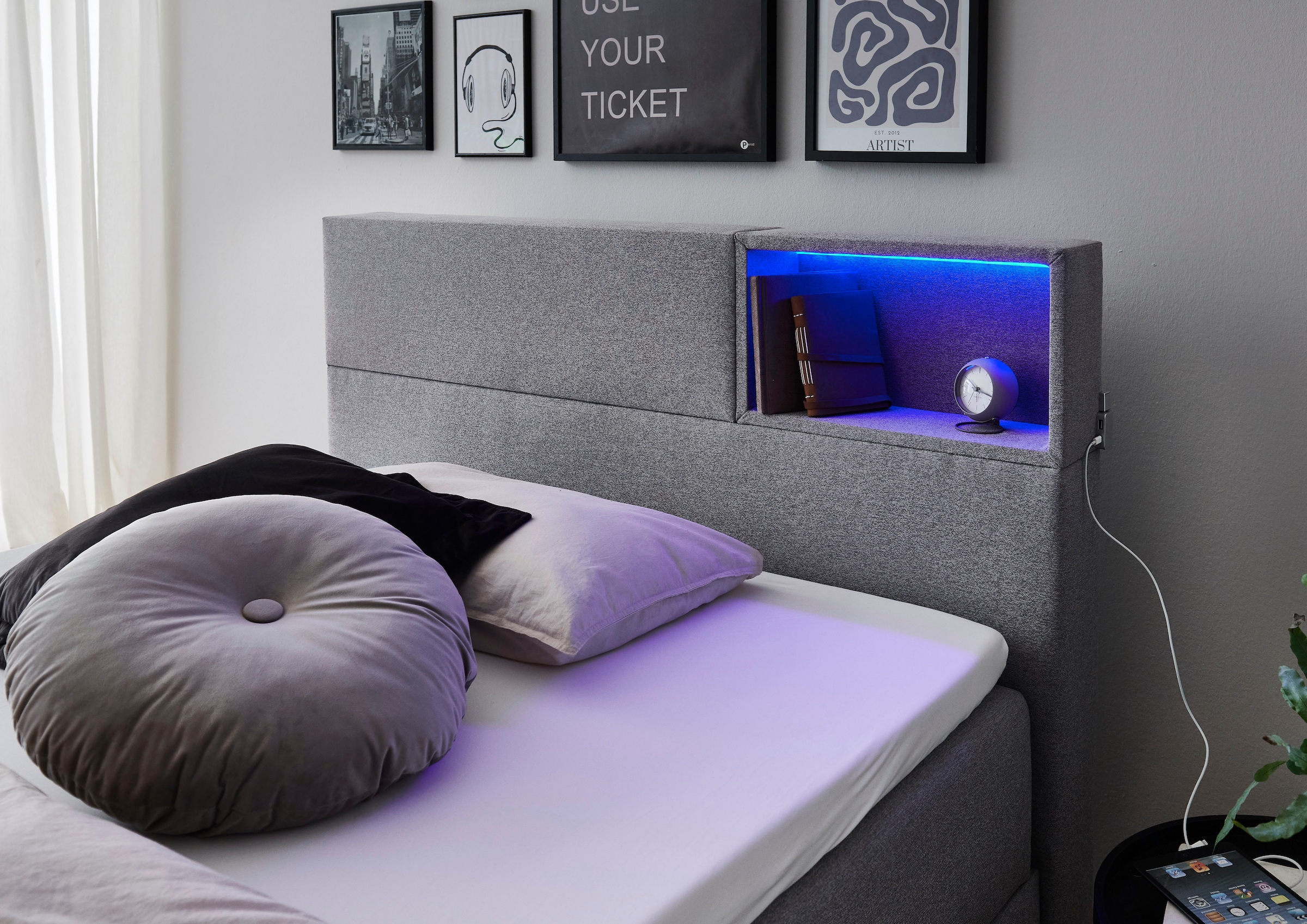 meise.möbel Boxspringbett »Caja mit Bettkasten und Topper«, mit LED ausgestattetes Ablagefach im Kopfteil