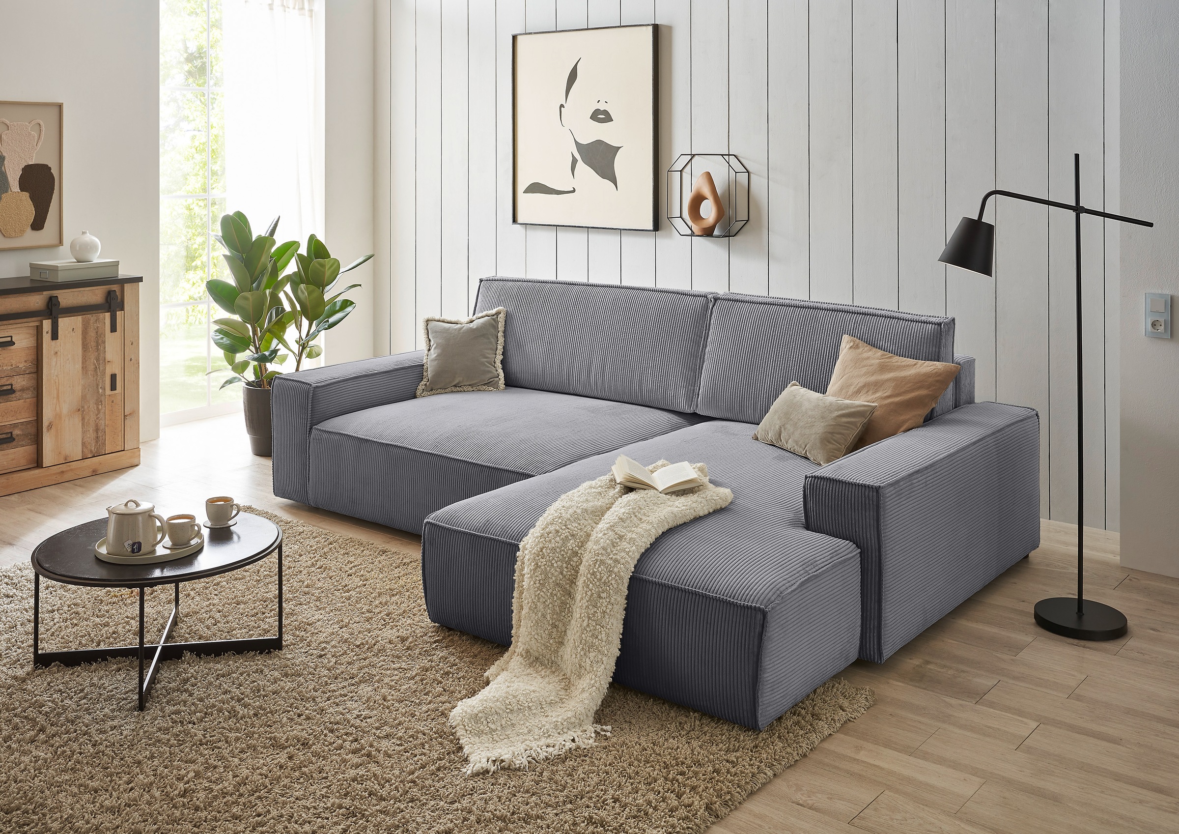 Home affaire Ecksofa »NEU: SHERWOOD XXL 284, Big-Sofa L-Form, tiefe Sitzfläche 95 cm, Cord«, Recamiere rechts/links, als Schlafsofa stellbar, Cord u. Leinenoptik