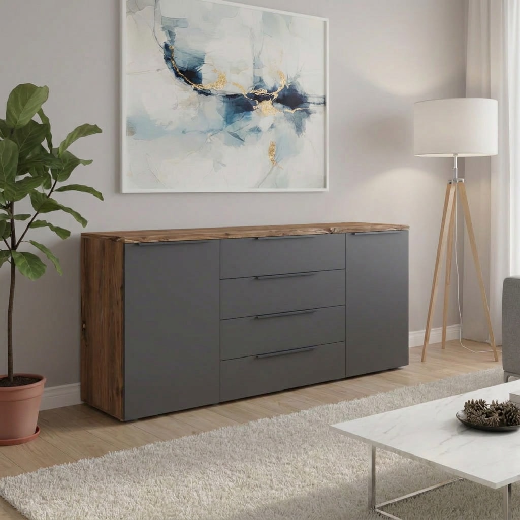 borchardt Möbel Sideboard »Tom, moderne Kommode mit dunklen Metallgriffen« 166cm, 2 Türen 4 Schubfächer, variable Einlegeböden, viel Stauraum