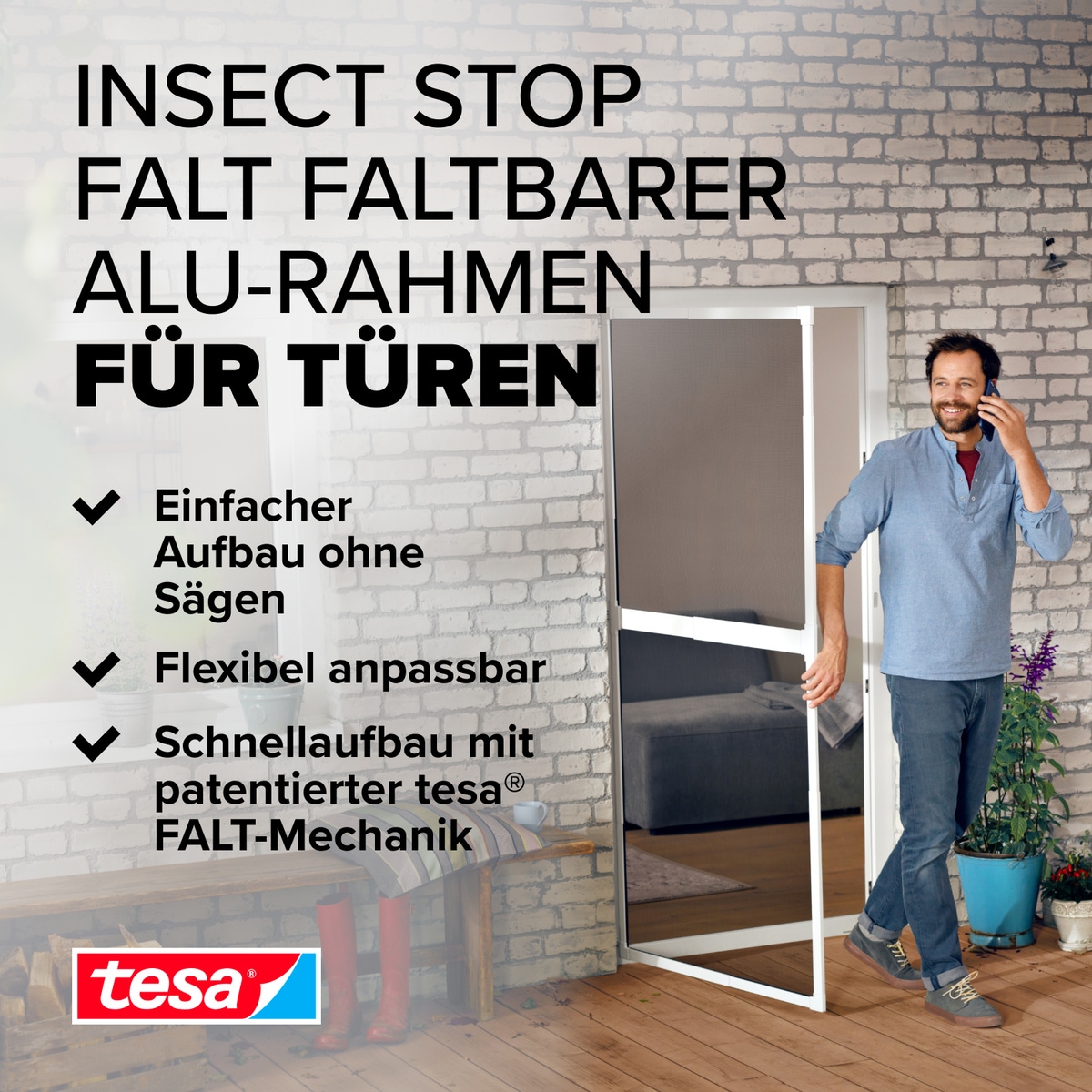 tesa Insektenschutz-Tür »Insect Stop Falt Fliegengitter für Türen - max. 1 m : 2,20 m«, mit verstellbarem Rahmen aus Aluminium - ohne Bohren