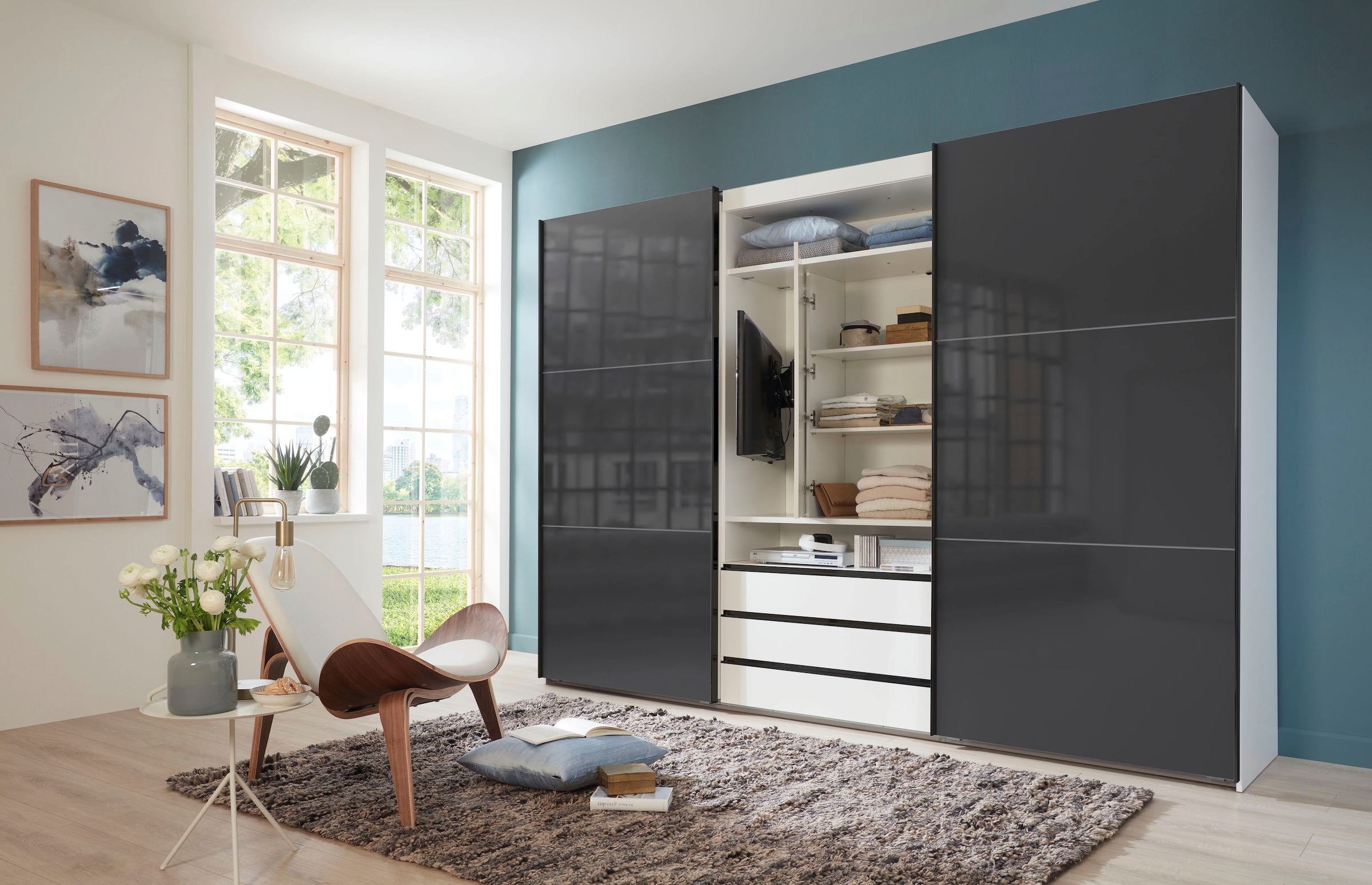 Wimex Schwebetürenschrank »Magic by fresh to go«, tolles EXTRA: mit drehbarem TV-Element, Fronten aus Glas