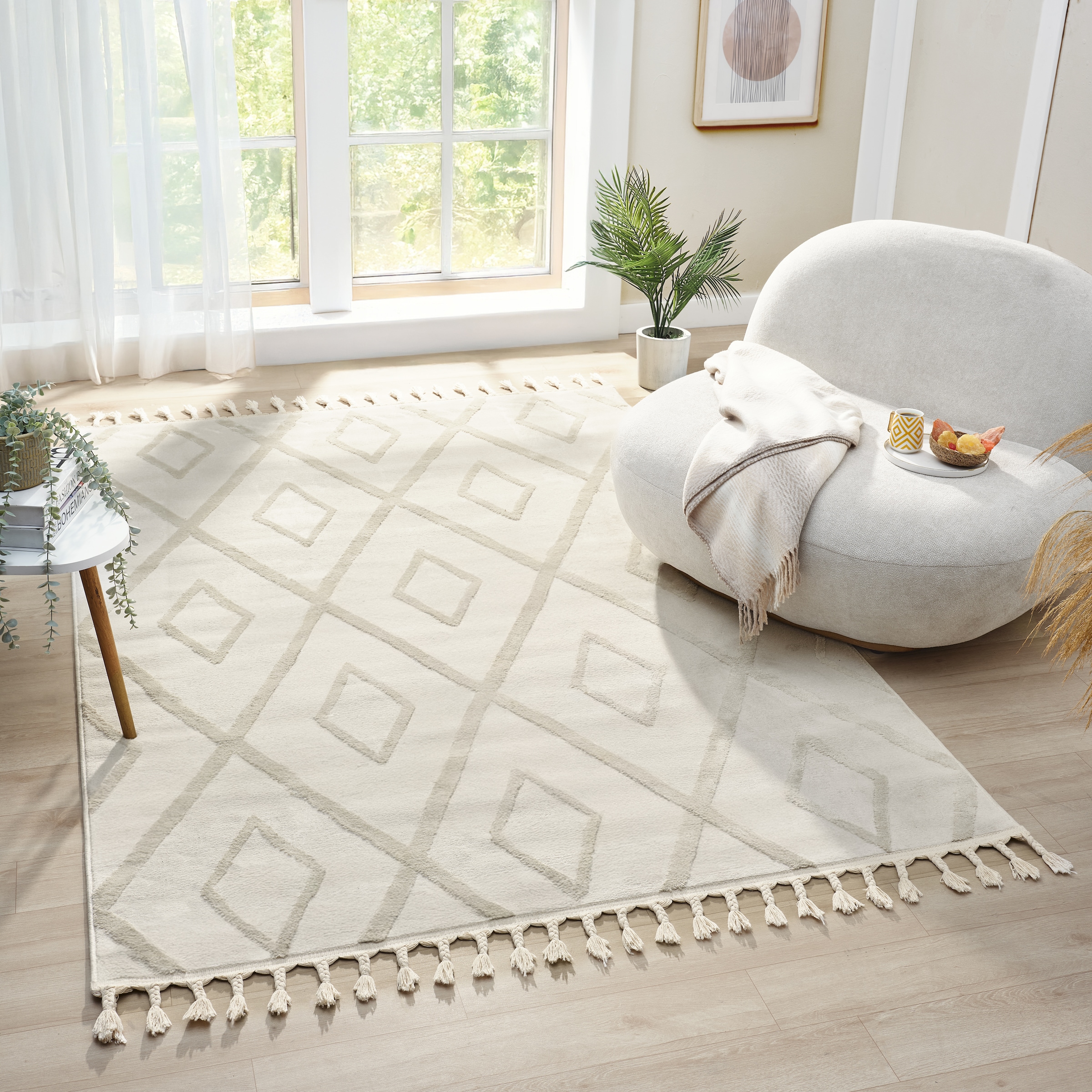 OTTO home Teppich »Otilie« rechteckig 11 mm Höhe dichte Qualität, Woll-Look, Boho, mit Fransen und Rauten, Scandi