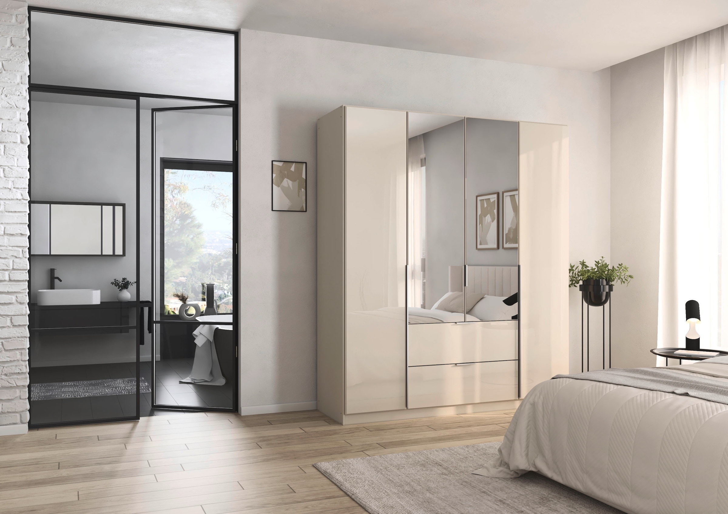 rauch Drehtürenschrank »Kleiderschrank Kleiderschränke Schrank Garderobe AGORDO mit Glasfront«, (in zwei Griff-Farben mit Glasfront), mit Außenschubkästen, in 6 Breiten und 2 Höhen MADE IN GERMANY